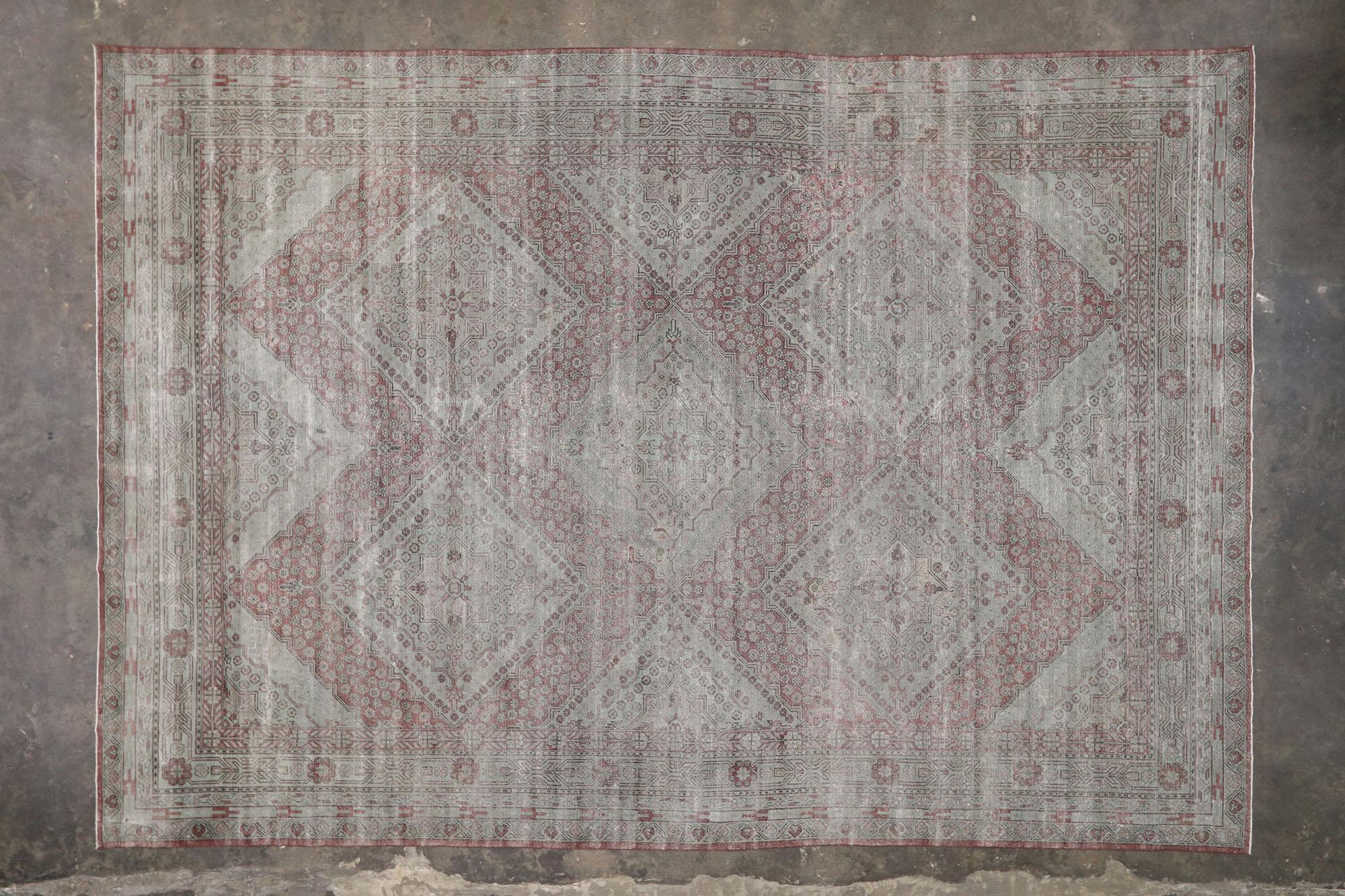 Wool Distressed Antique Persian Khotan Rug with American Colonial Williamsburg Style For Sale