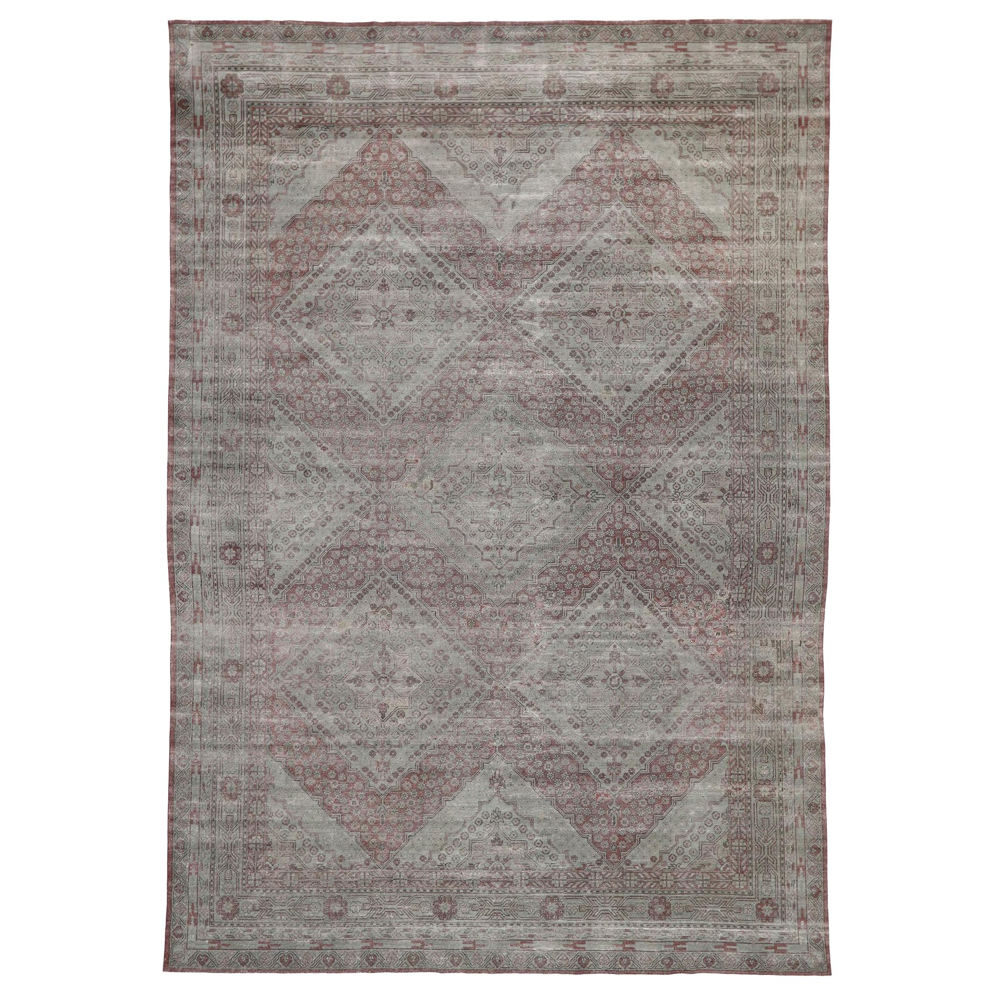 Distressed Antique Persian Khotan Rug with American Colonial Williamsburg Style