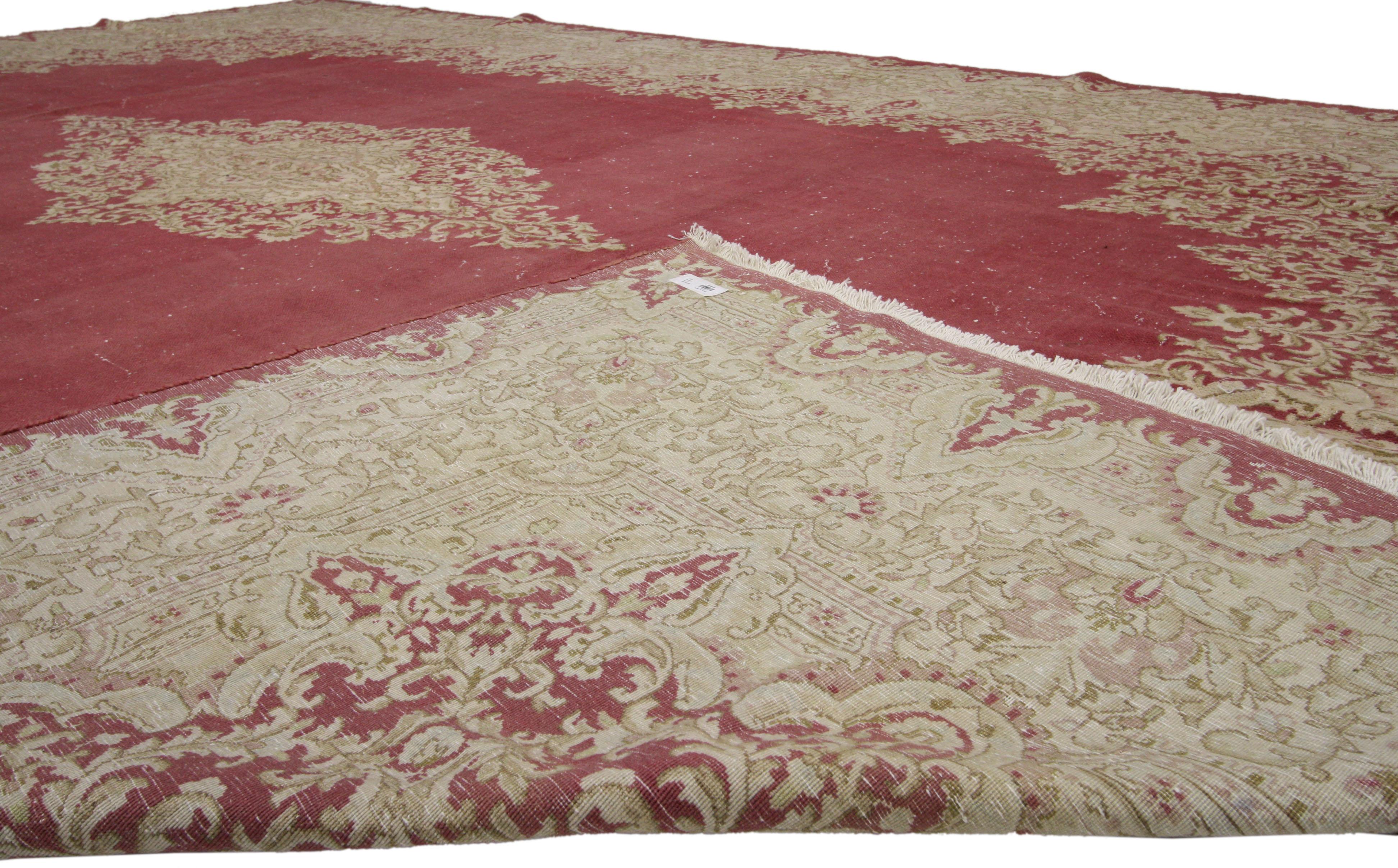 Hand-Knotted Distressed Vintage Persian Kirman Area Rug with French Victorian Style For Sale