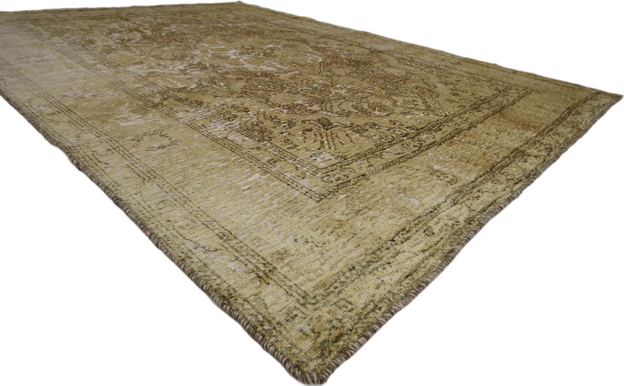 60717 Distressed Vintage Persian Overdyed Rug with Rustic French Industrial Style 08'00 x 09'01. Balancing a timeless design with a romantic rustic sensibility and warm earth tone colors, this distressed vintage Persian overdyed rug with creates a