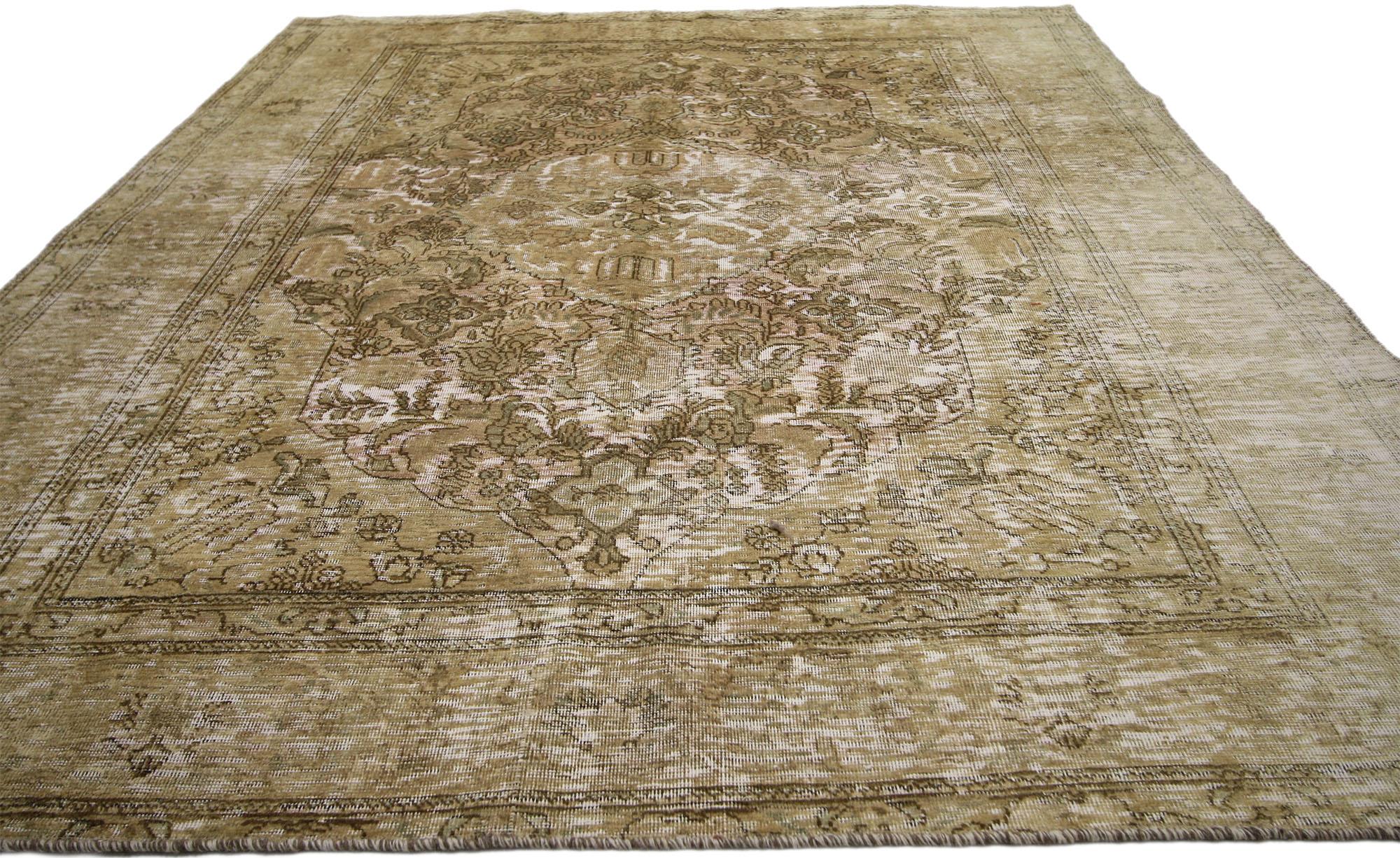Hand-Knotted Distressed Vintage Persian Overdyed Rug with Rustic French Industrial Style For Sale