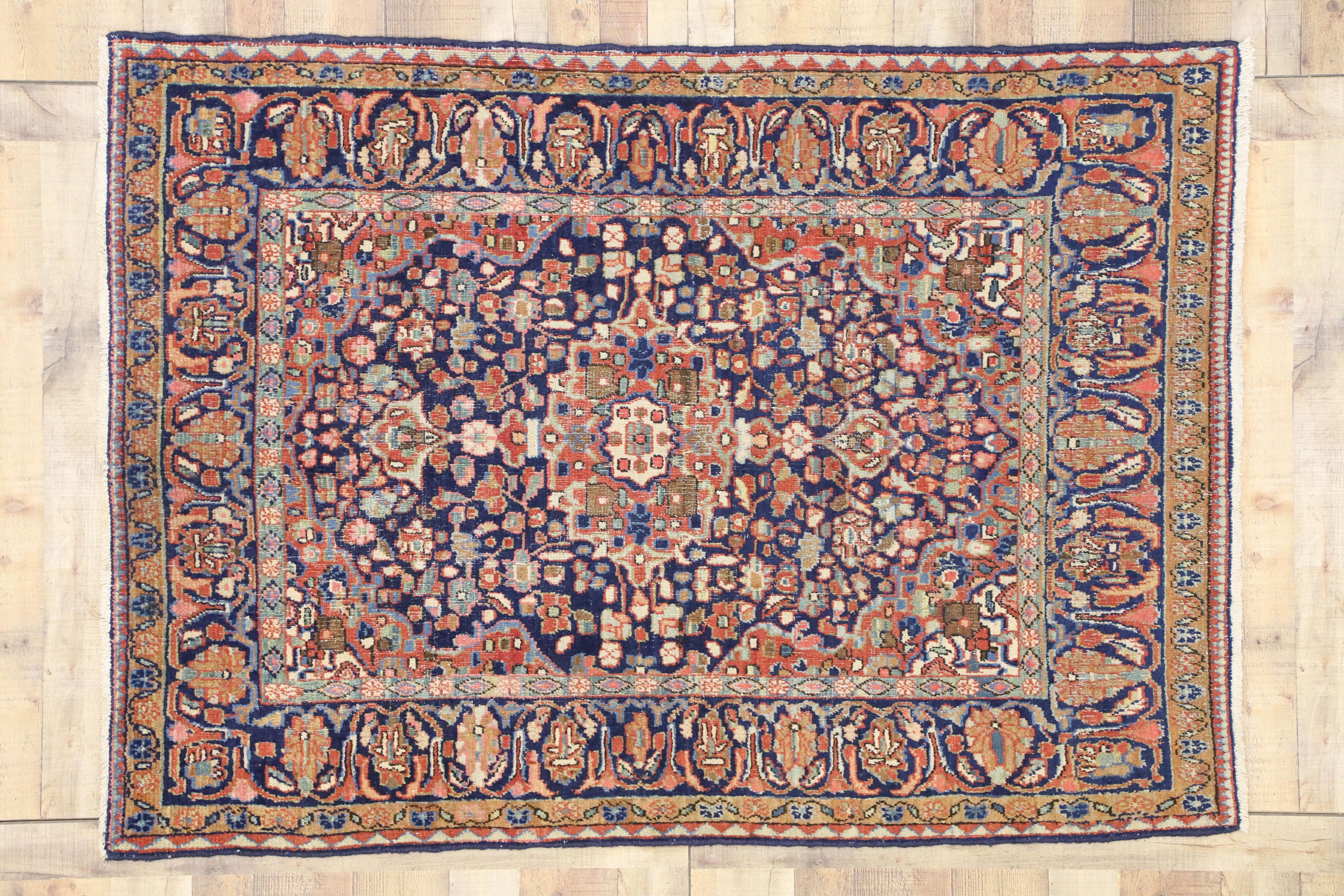 Hand-Knotted Distressed Vintage Persian Mahal Rug with Luxe Traditional Adirondack Style