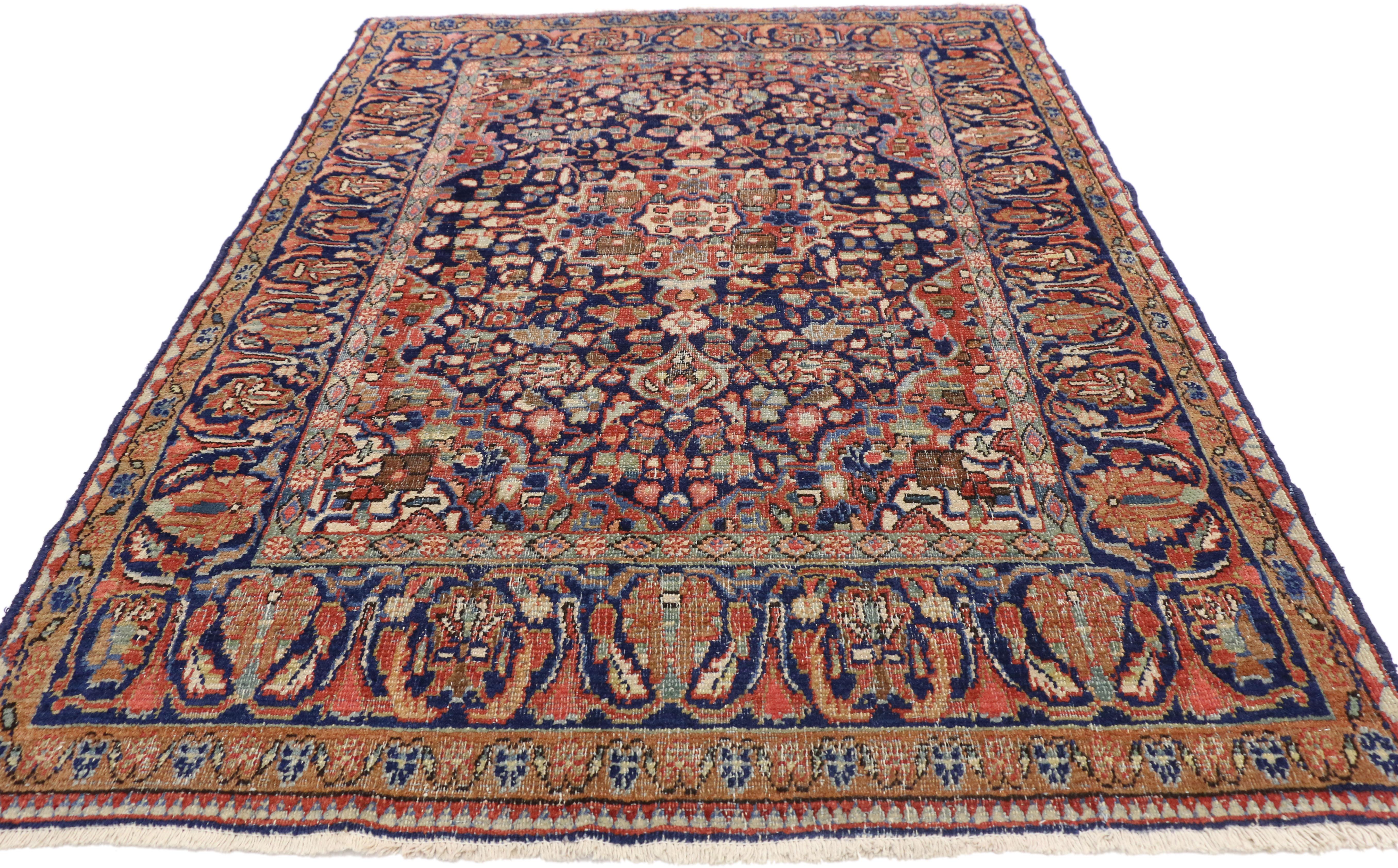 Wool Distressed Vintage Persian Mahal Rug with Luxe Traditional Adirondack Style