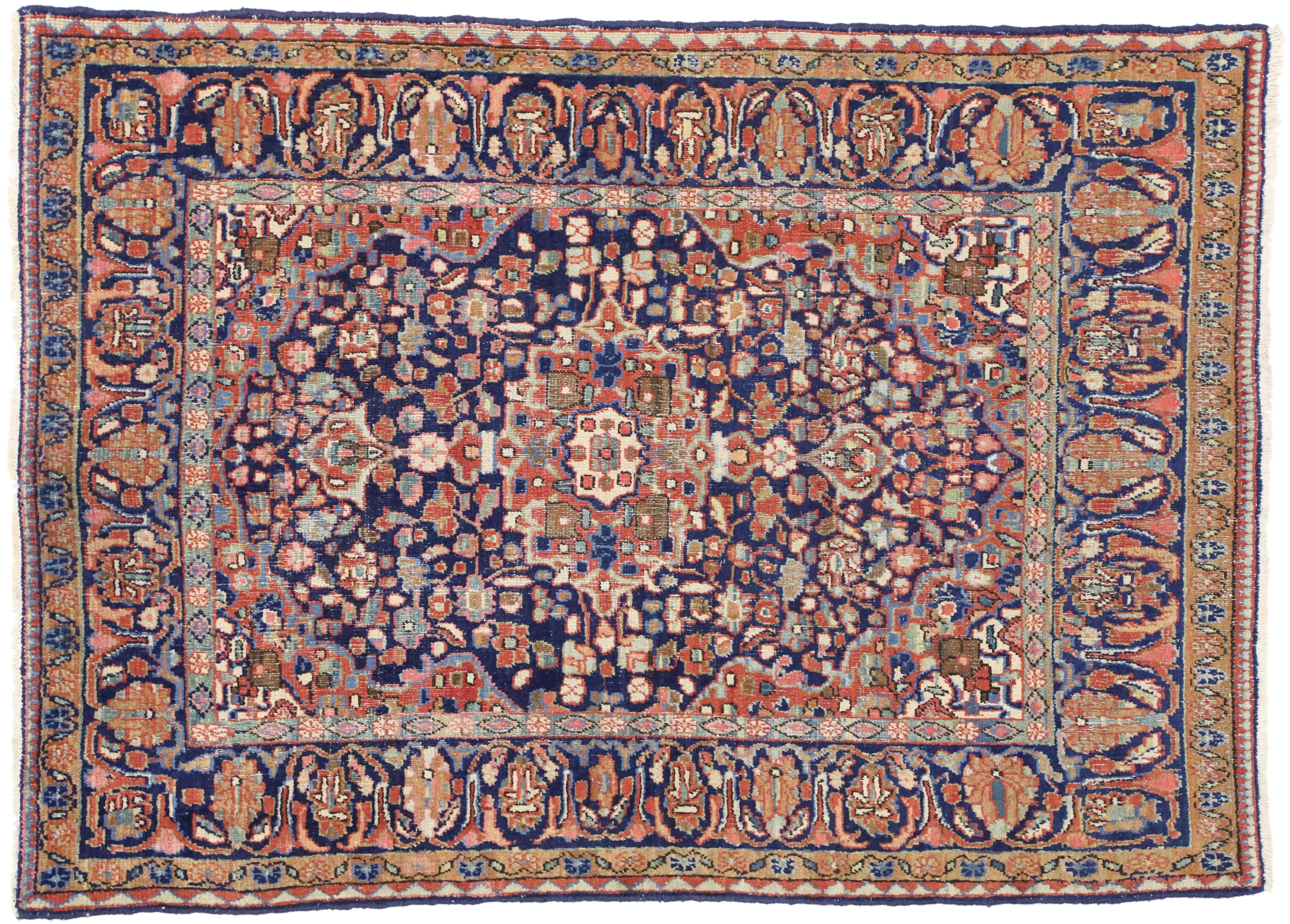 Distressed Vintage Persian Mahal Rug with Luxe Traditional Adirondack Style 2