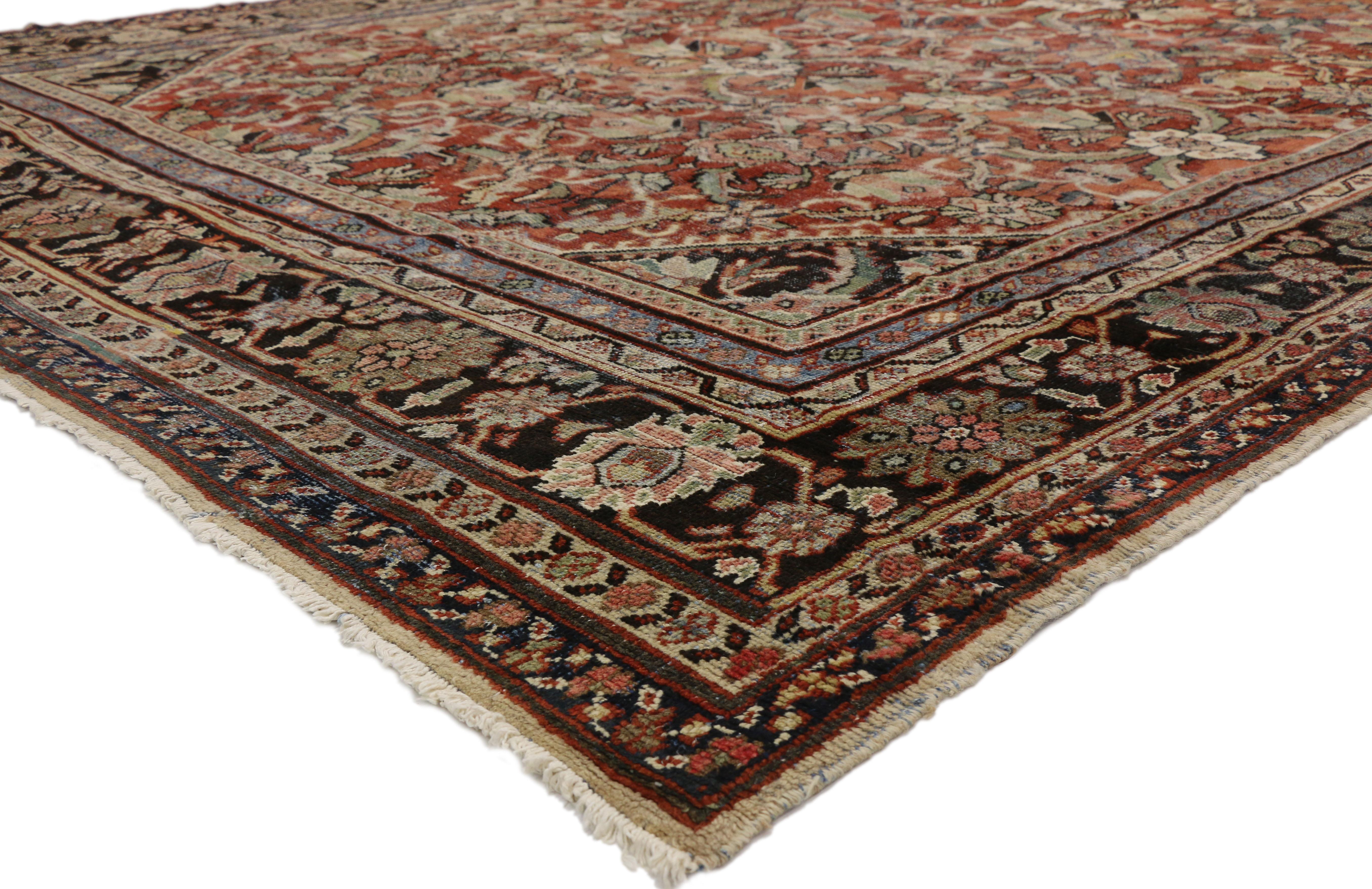 74415 Distressed Vintage Persian Mahal Rug, 10'08 X 14'01. Persian Mahal rugs, originating from the Mahallat region in central Northwestern Iran, are characterized by their bold geometric designs, large size, and handwoven construction using