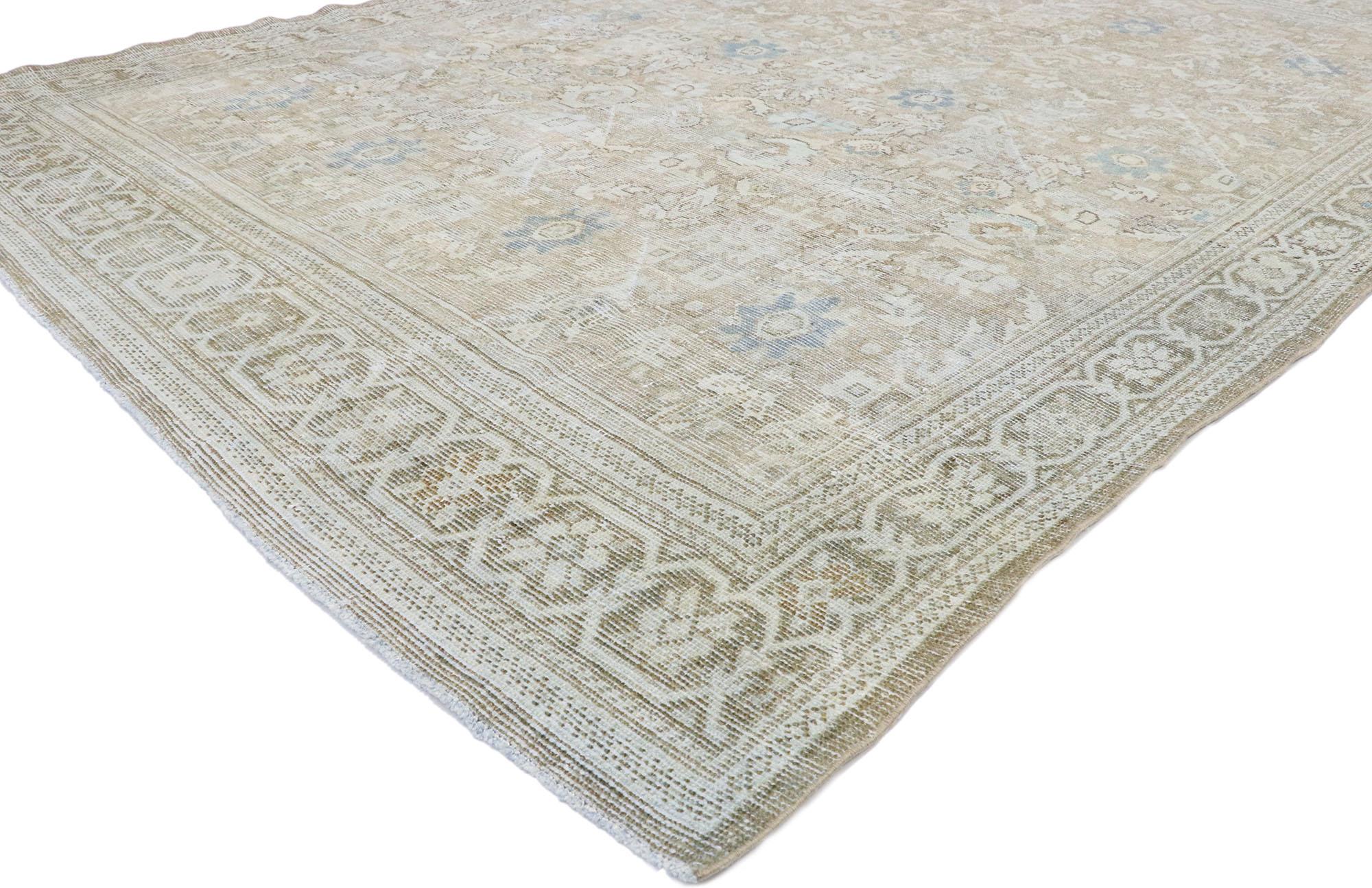53475, distressed vintage Persian Mahal rug with Rustic Hamptons Cottage style. Understated elegance combined with cool blue hues and warm taupe tones, this hand-knotted wool vintage Persian Mahal rug is poised to impress. The antique washed field