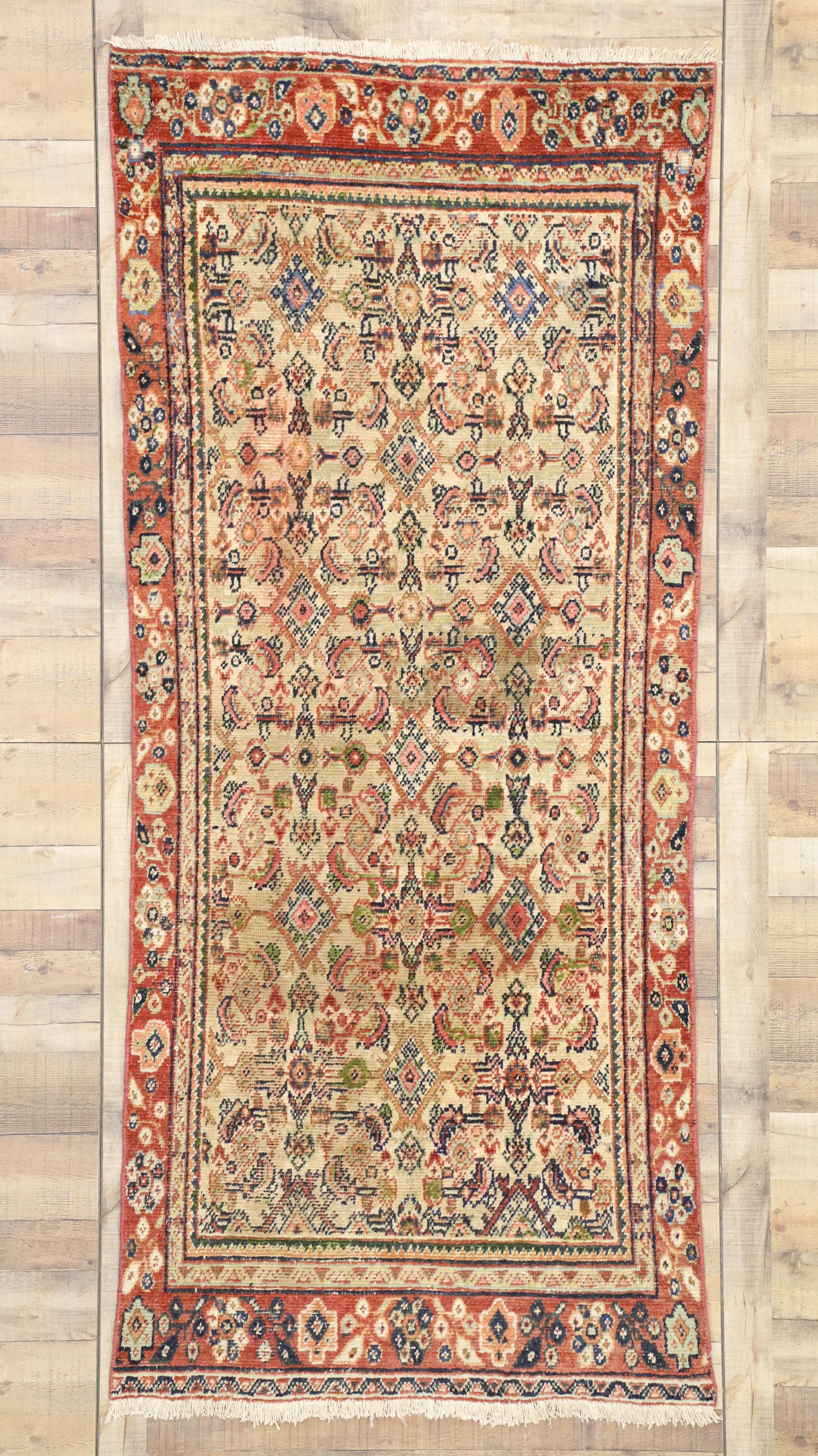 75196, distressed vintage Persian Mahal runner, rustic hallway runner. A dazzling visual array meets the eye in this distressed vintage Persian Mahal runner. Rustic yet bright and colorful, this Persian hallway runner delights and inspires with