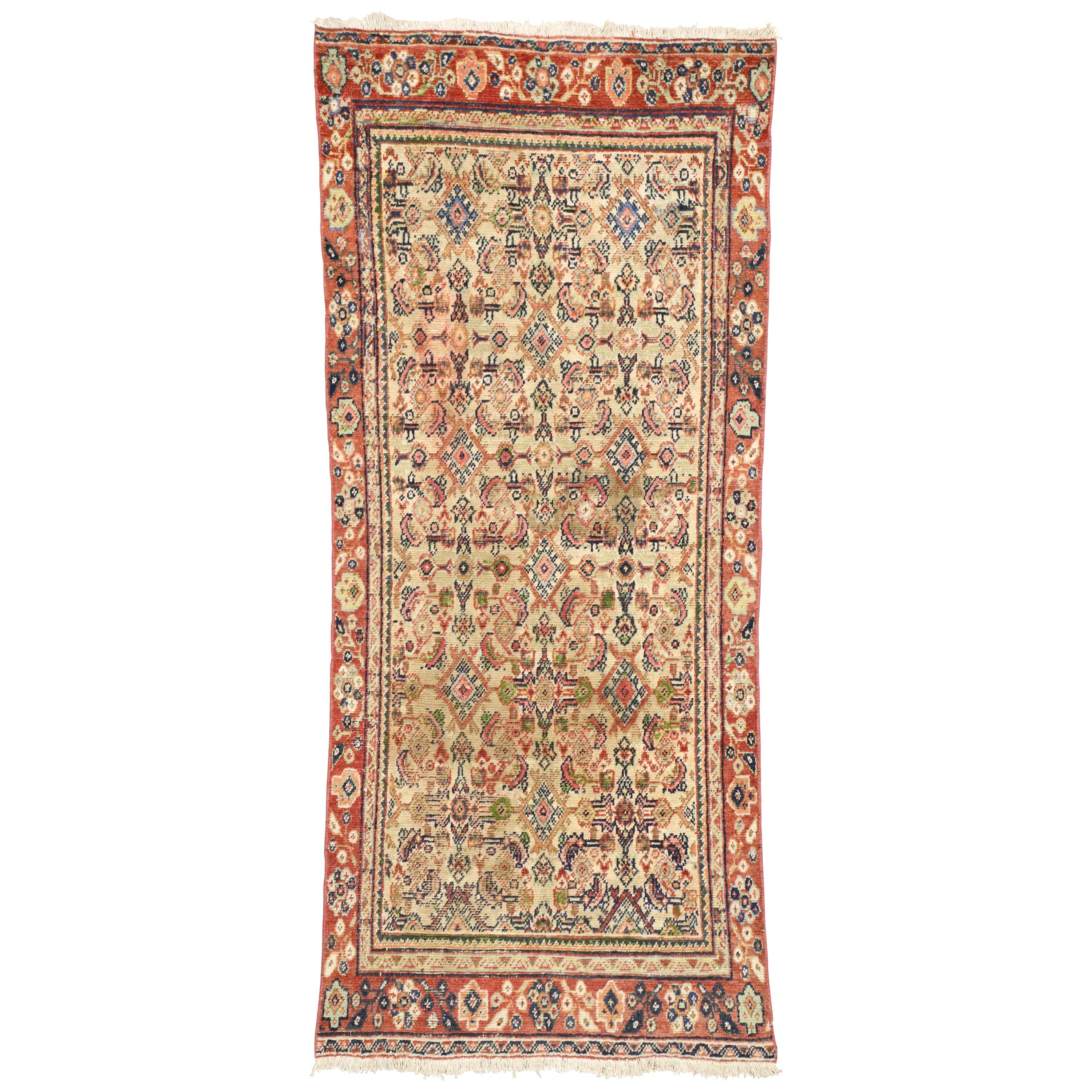 Distressed Vintage Persian Mahal Runner, Rustic Hallway Runner