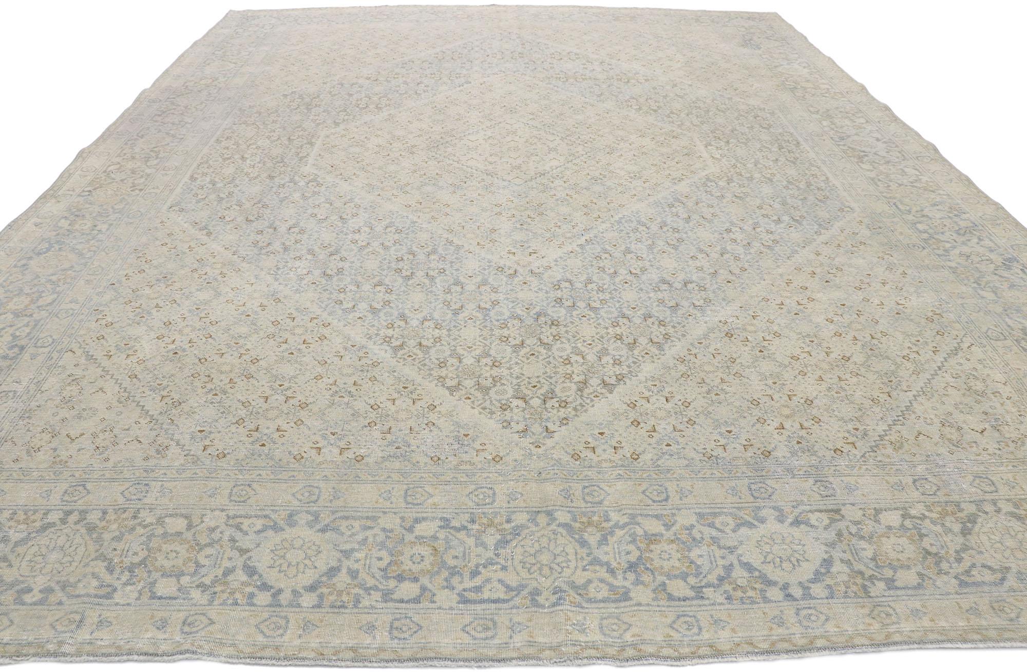 Distressed Vintage Persian Mahi Tabriz Rug with English Country Cottage Style In Distressed Condition For Sale In Dallas, TX