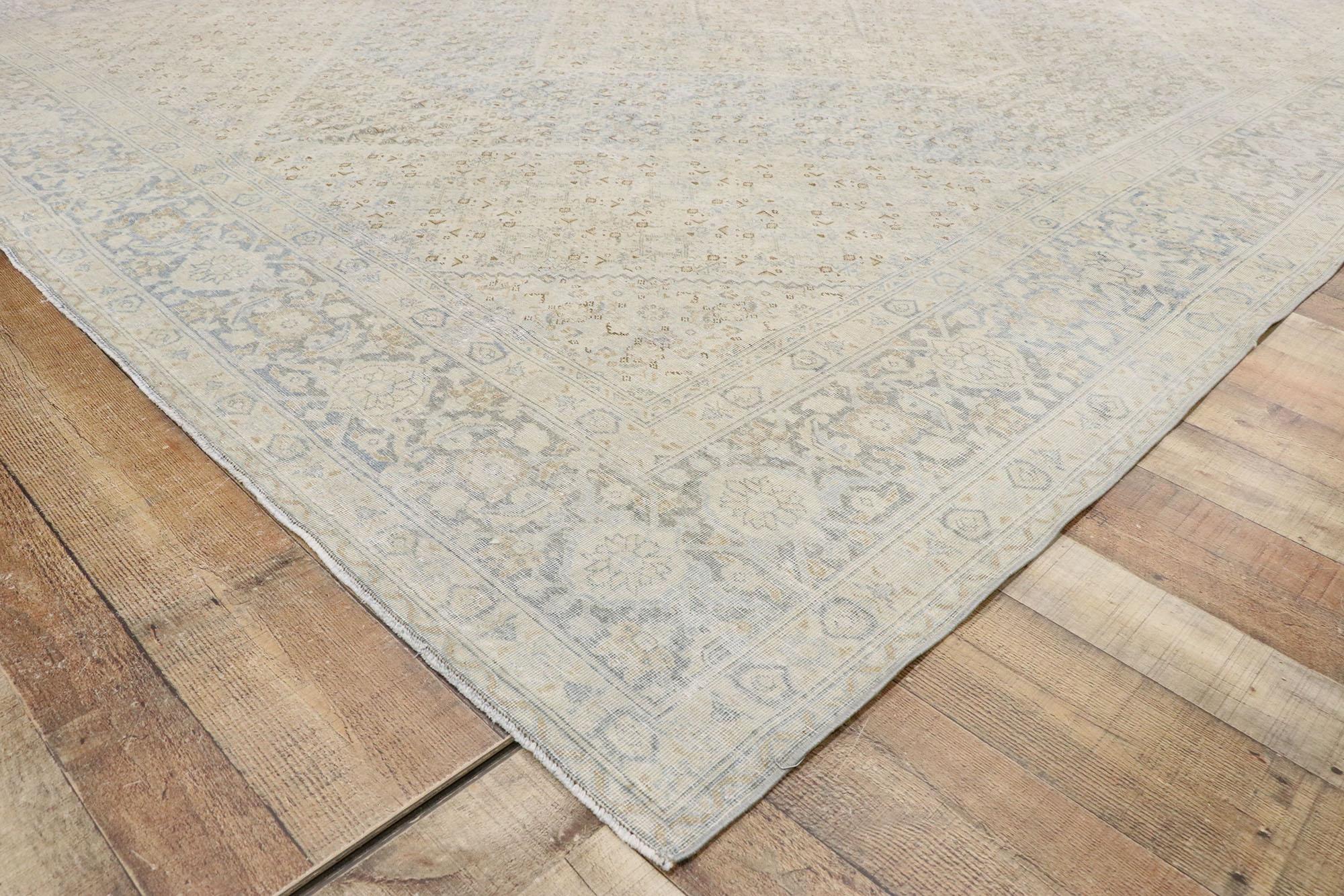 Distressed Vintage Persian Mahi Tabriz Rug with English Country Cottage Style For Sale 1