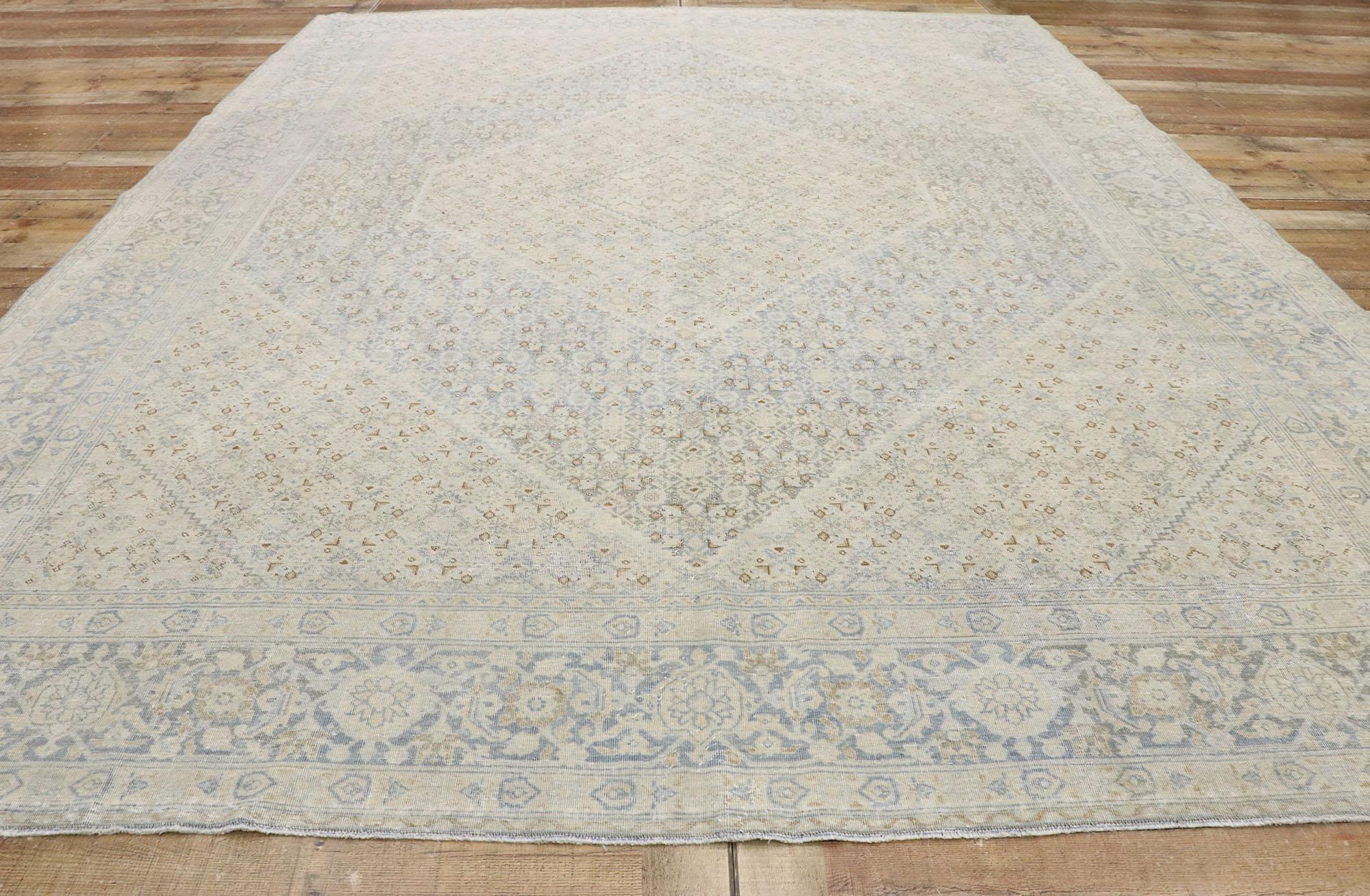Distressed Vintage Persian Mahi Tabriz Rug with English Country Cottage Style For Sale 2