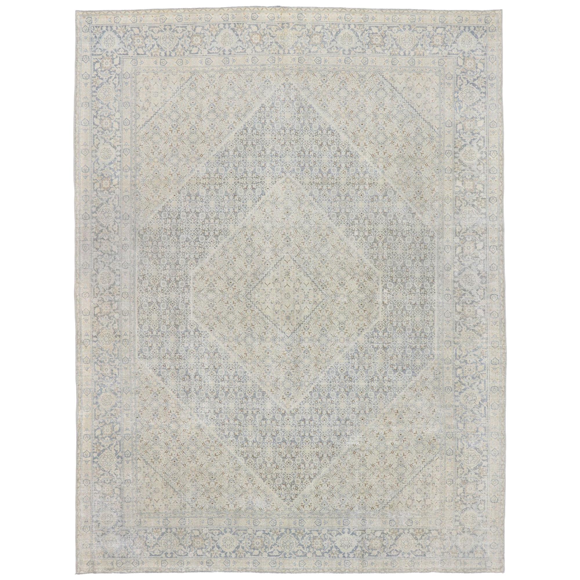 Distressed Vintage Persian Mahi Tabriz Rug with English Country Cottage Style For Sale