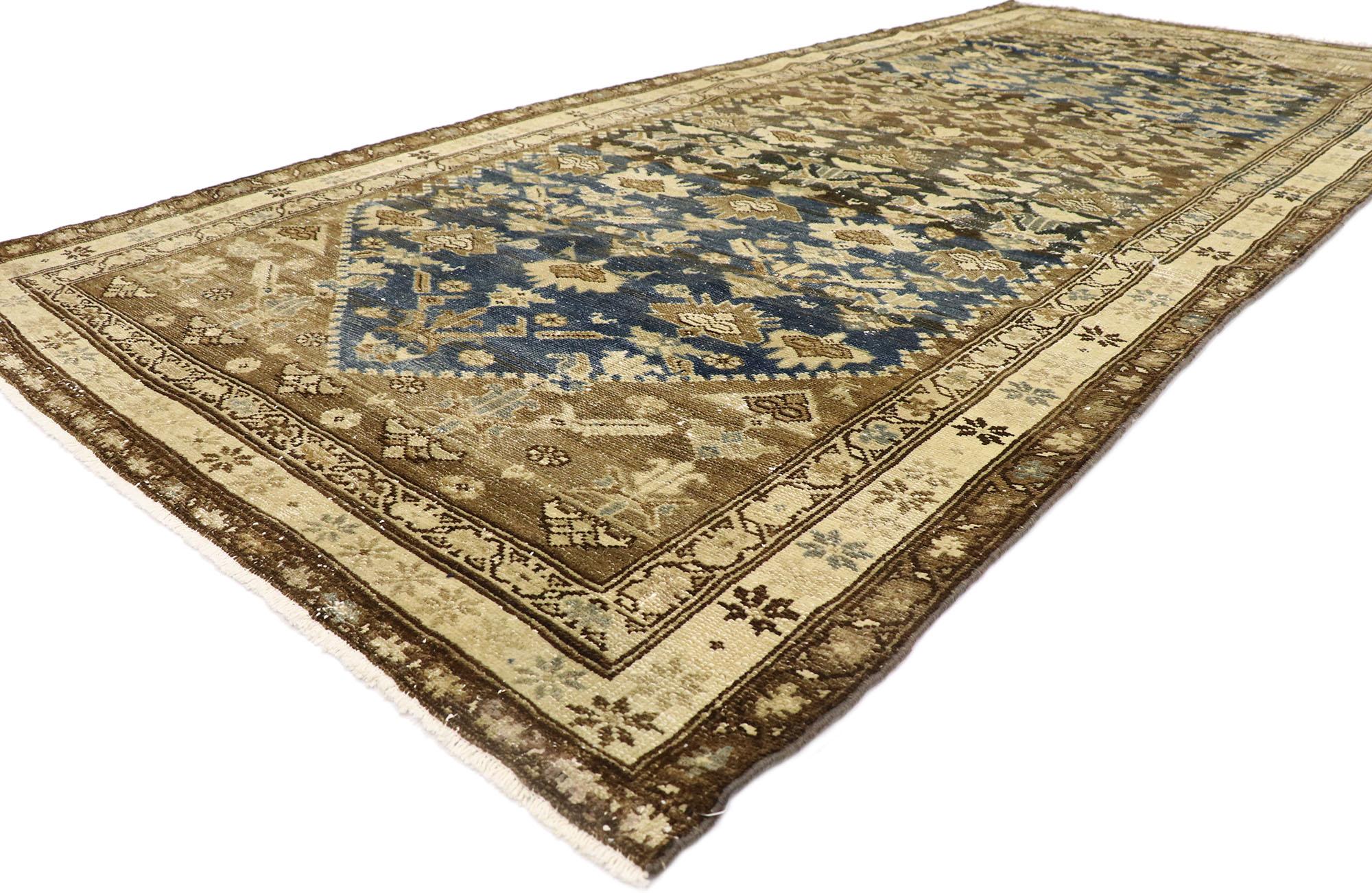 60968 Distressed Vintage Persian Malayer Gallery Rug 05'00 x 11'04. With its lovingly time-worn composition and rugged beauty, this hand-knotted wool distressed vintage Persian Malayer gallery rug is a captivating vision of woven beauty. The