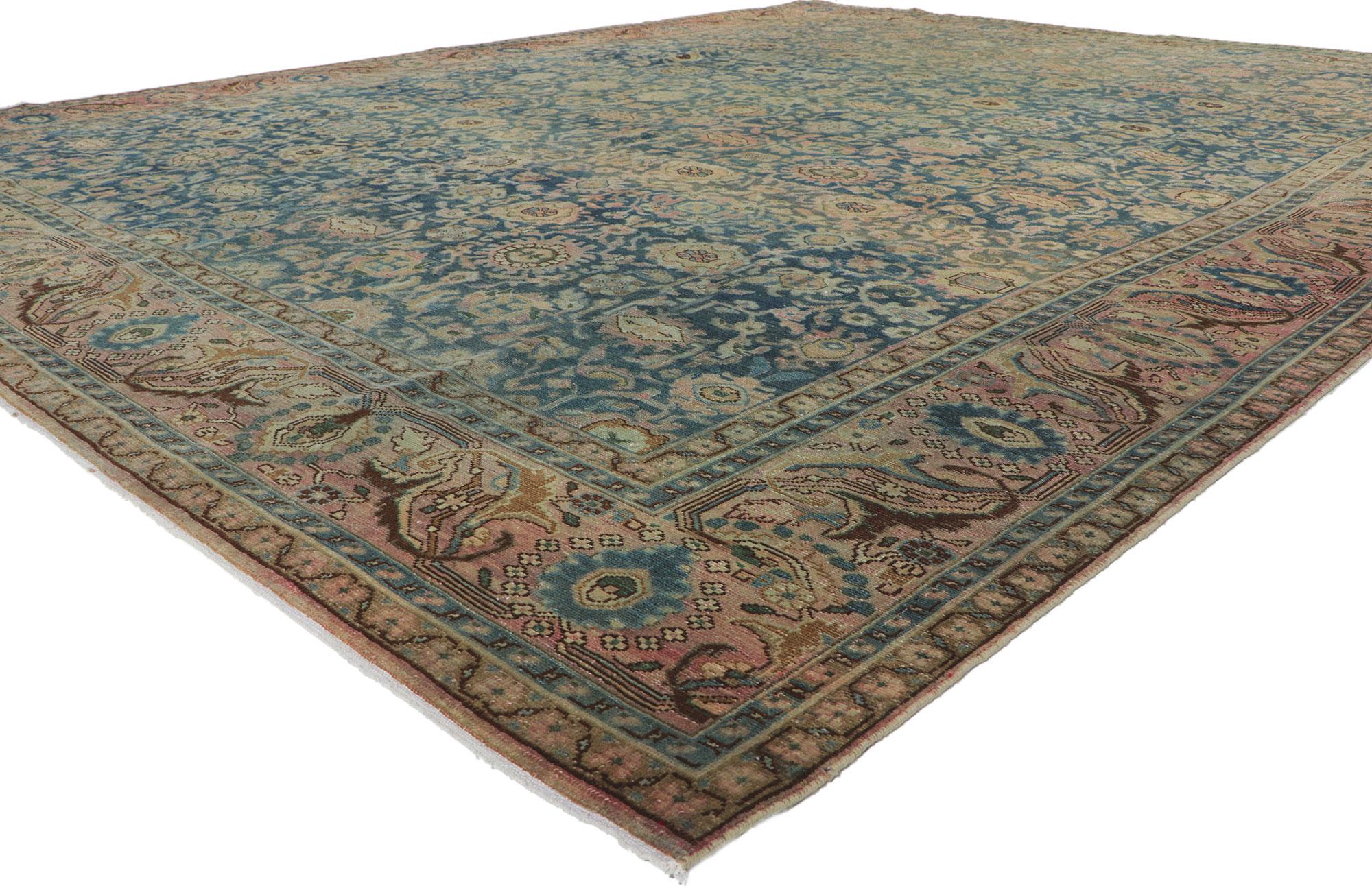 ​61075 Distressed Vintage Persian Malayer Rug, 10'07 x 13'06. 
Displaying a relaxed style and lovingly time-worn composition, this hand-knotted wool distressed vintage Persian Malayer rug is a captivating vision of woven beauty. The antique-washed