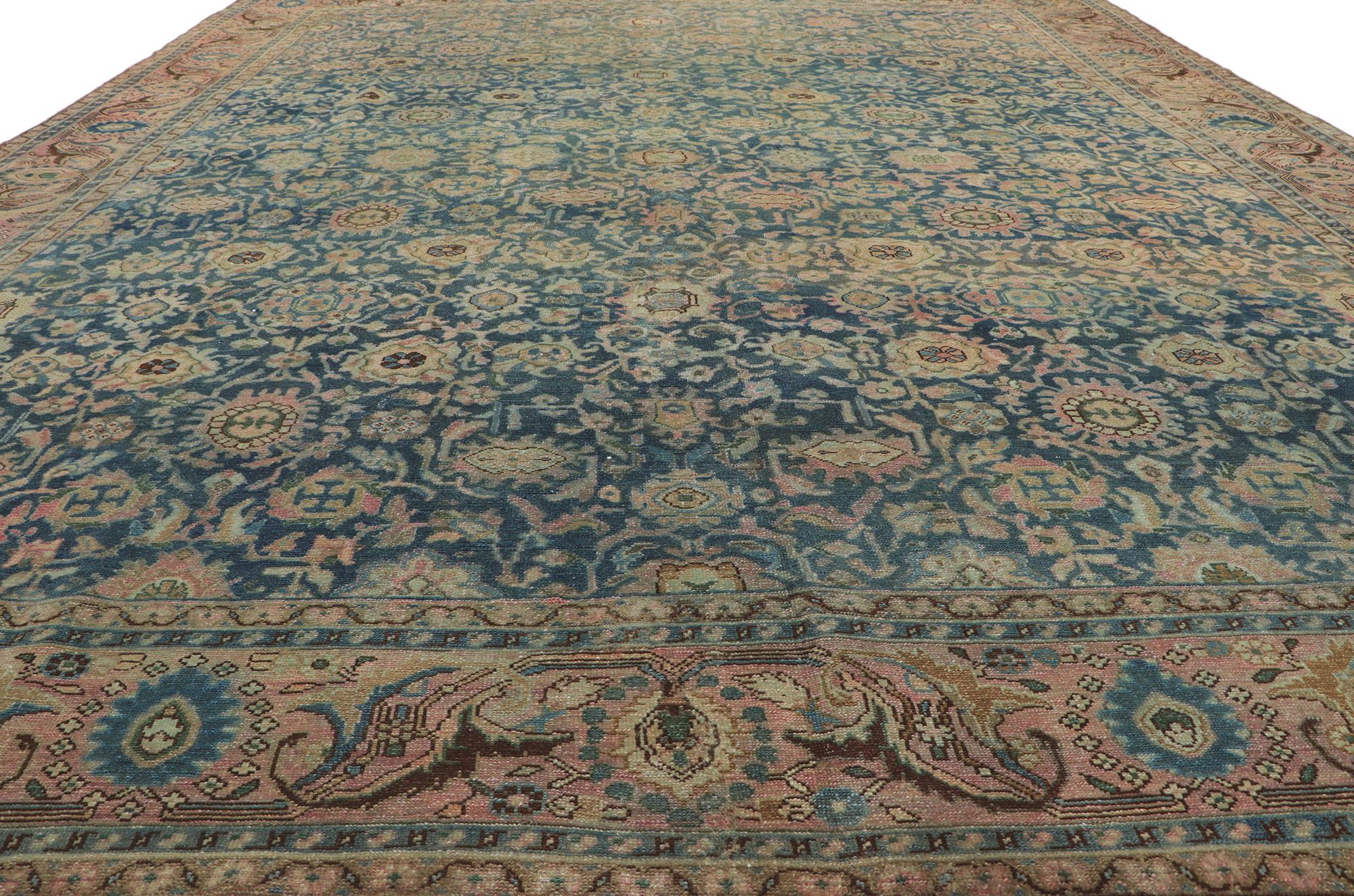 Distressed Vintage Persian Malayer Rug, Elizabethan Meets Effortlessly Chic In Distressed Condition For Sale In Dallas, TX