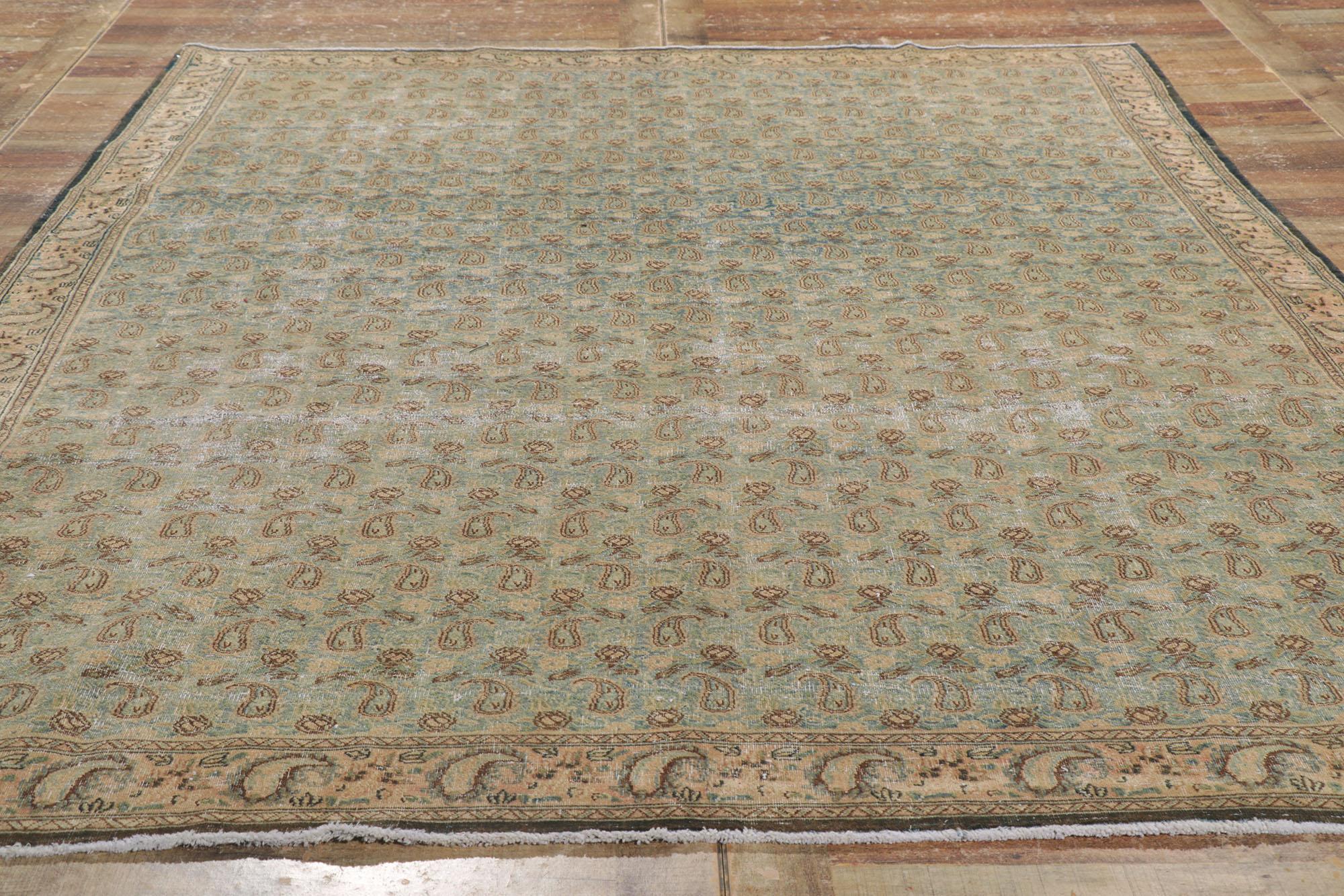 Distressed Vintage Persian Qum Rug, Weathered Finesse Meets Ivy League Prep For Sale 3