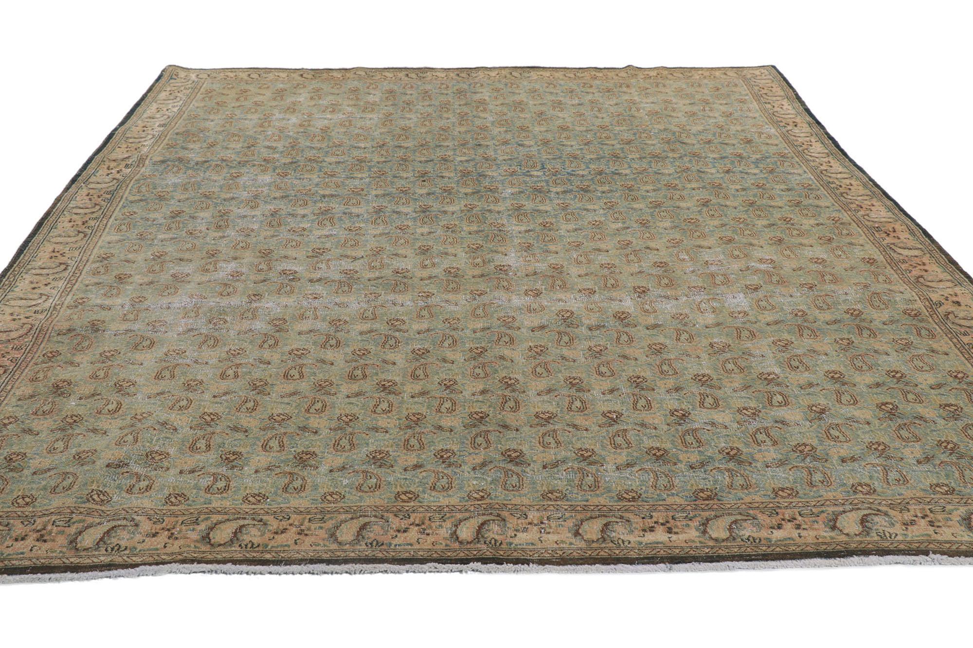 Rustic Distressed Vintage Persian Qum Rug, Weathered Finesse Meets Ivy League Prep For Sale
