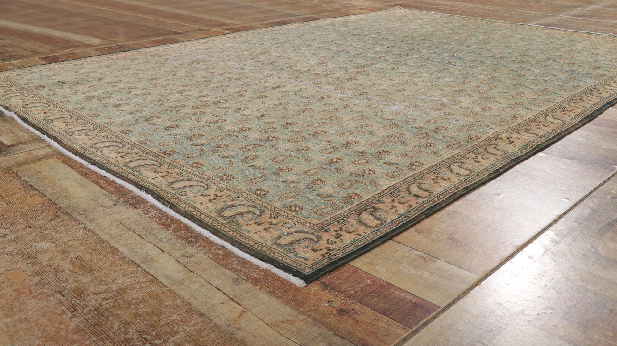 Distressed Vintage Persian Qum Rug, Weathered Finesse Meets Ivy League Prep For Sale 2