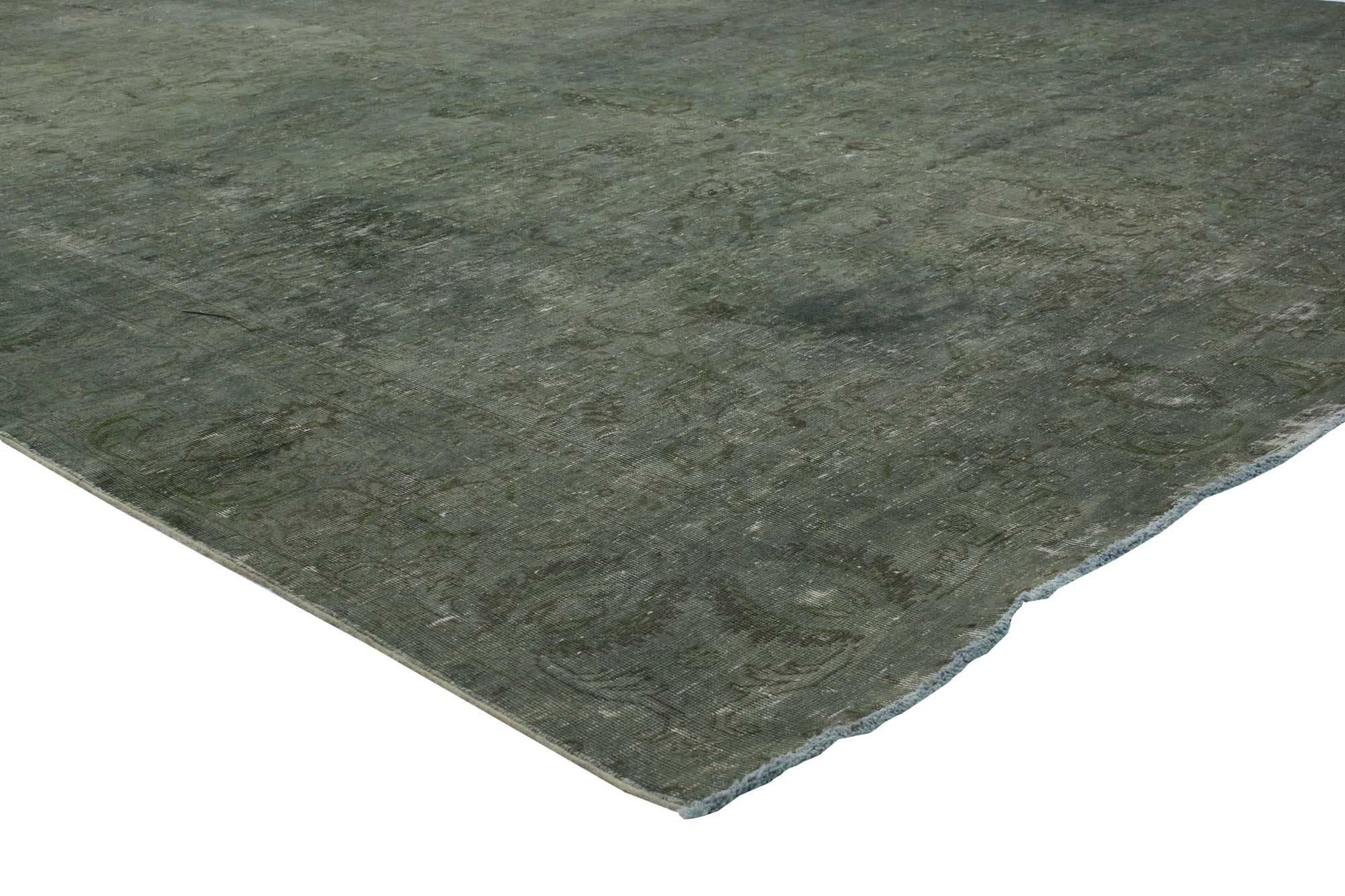 80319 Distressed Vintage Persian Rug Overdyed with Modern Industrial Style 08'10 x 12'01. Distressed vintage Persian rug overdyed sage green and grey with modern industrial style. This beautifully distressed vintage Persian overdyed sage-green and