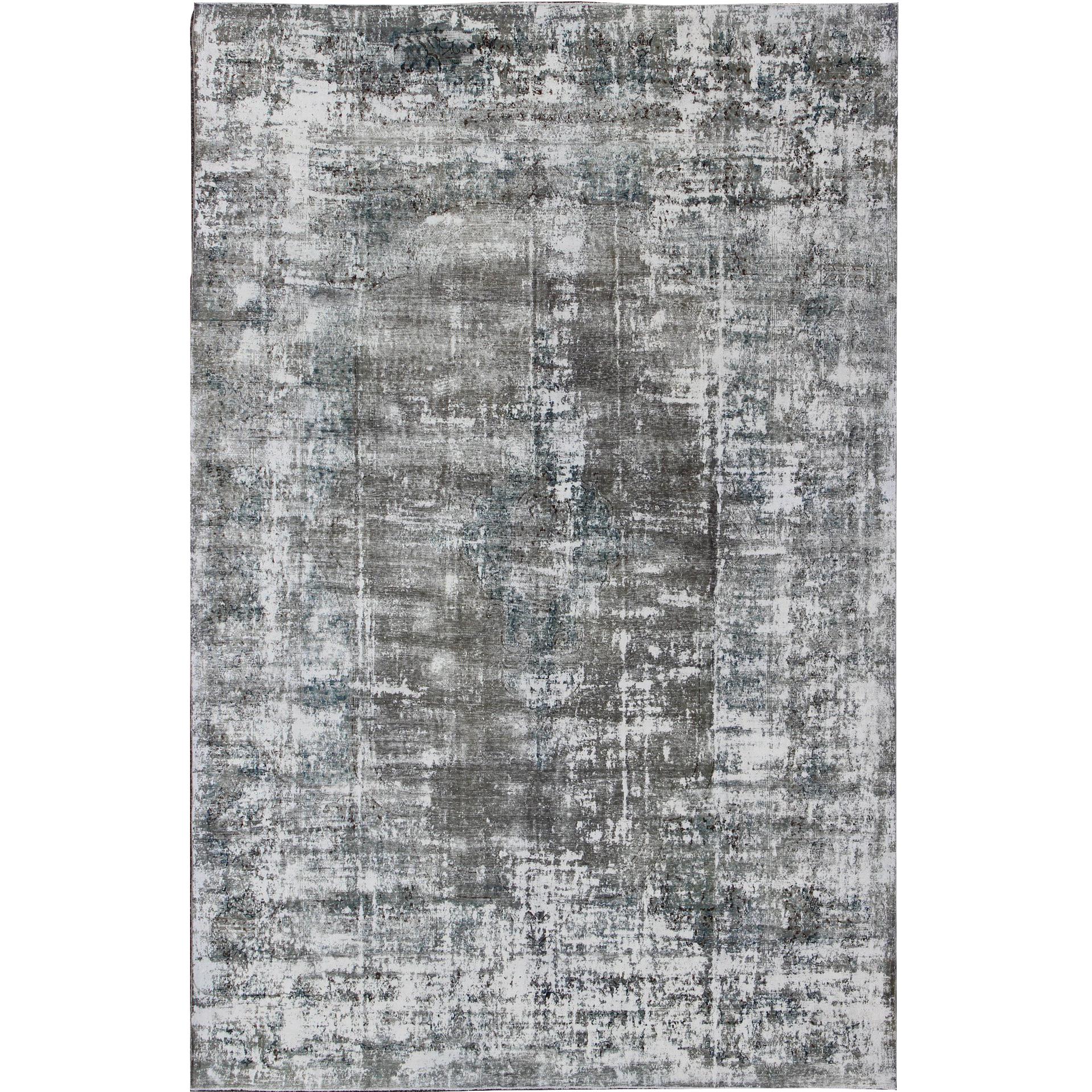 Distressed Vintage Persian Rug with Abstract Modern Design in Warm Gray-Silver