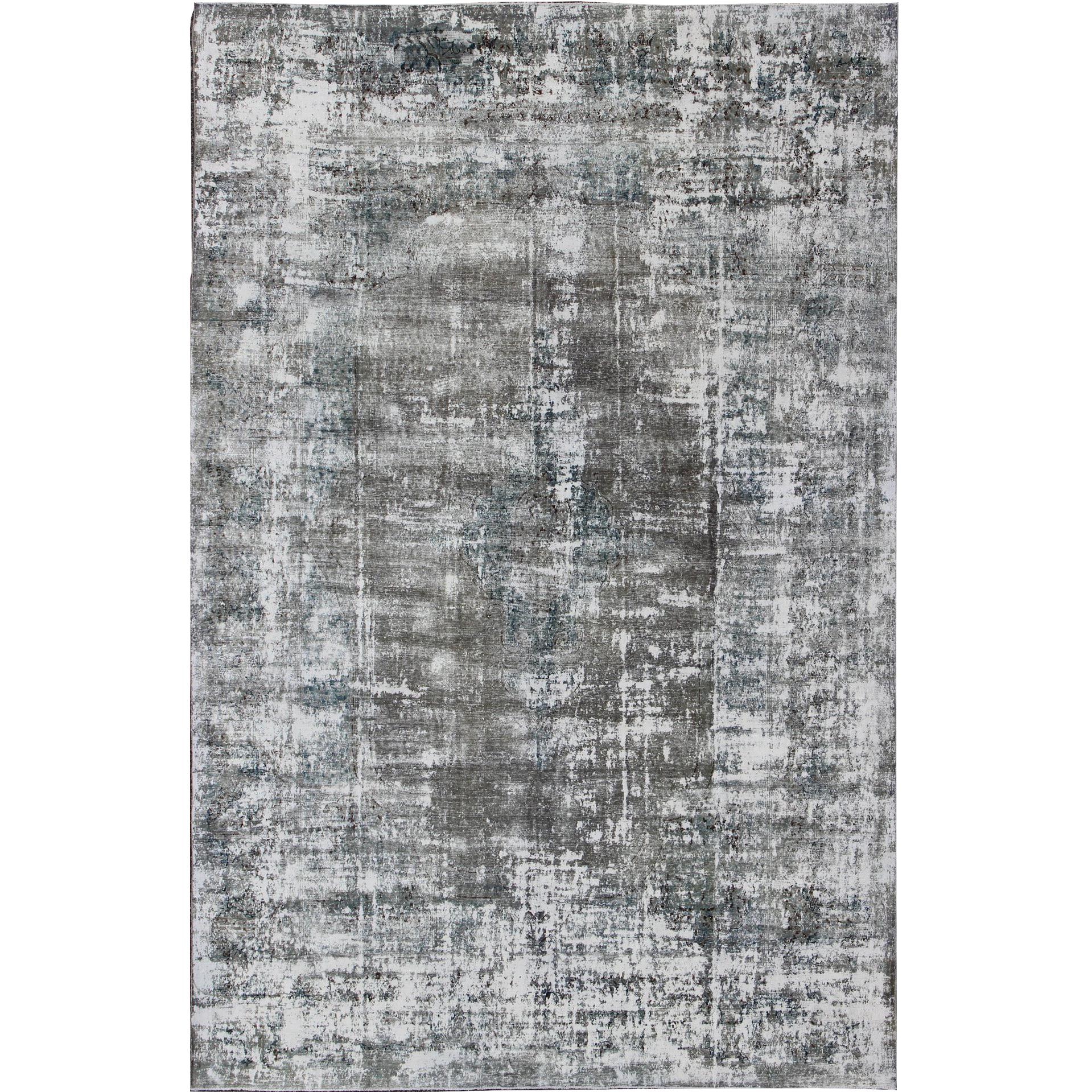  Distressed Vintage Persian Rug with Abstract Modern Design in Warm Gray-Silver For Sale