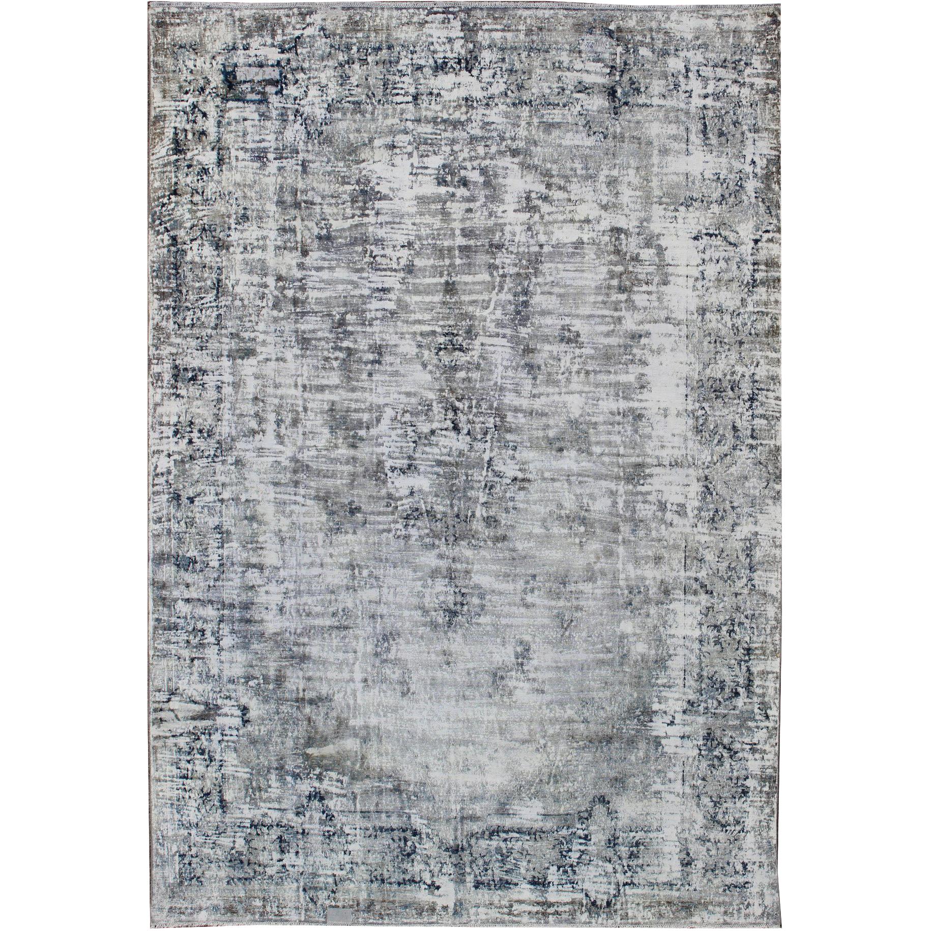 Tapis vintage vieilli à motif abstrait en argent, bleu, gris et vert