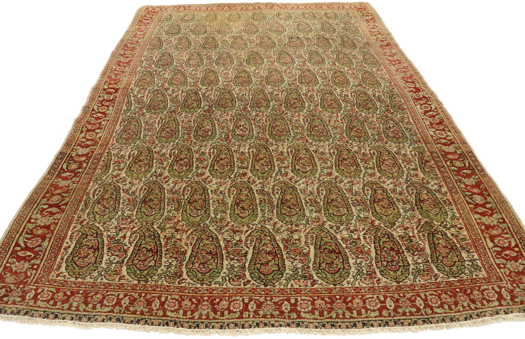 Arts and Crafts Distressed Vintage Persian Senneh Rug with Rustic Arts & Crafts Style For Sale