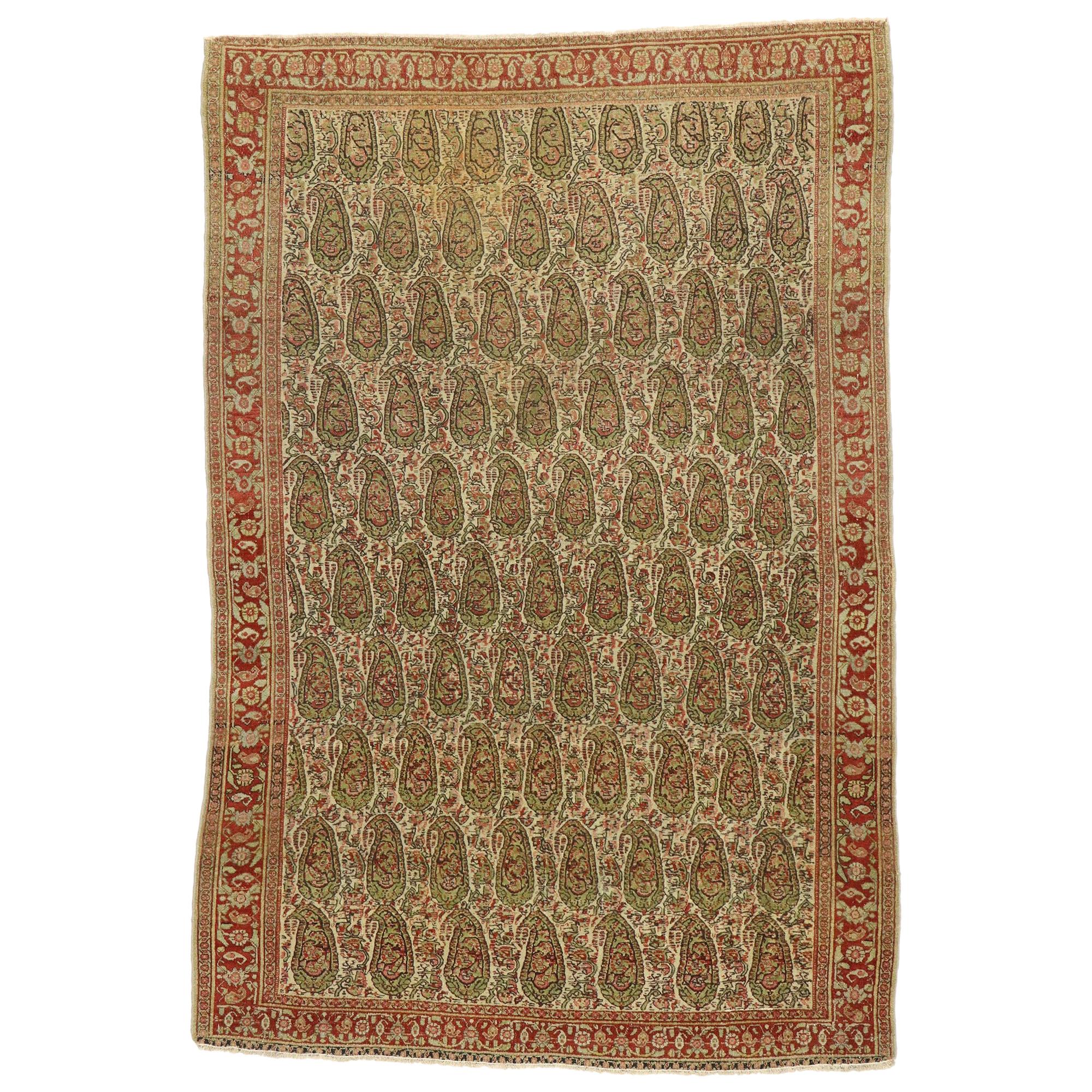 Tapis persan Senneh vintage en mauvais état avec style rustique Arts & Crafts en vente