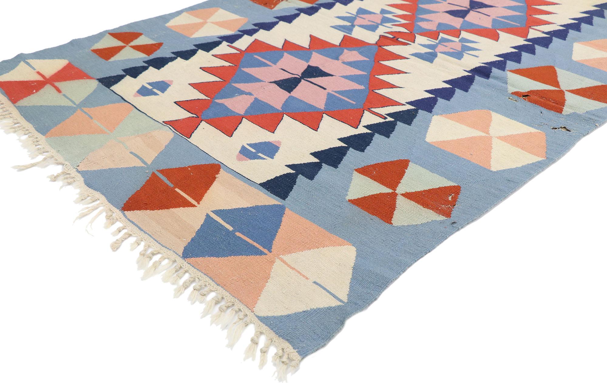 77822 Distressed Vintage Persian Shiraz Kilim rug with Bohemian Tribal Style 04'01 x 05'09. Full of tiny details and a bold expressive design combined with vibrant colors and tribal style, this hand-woven wool vintage Persian Shiraz kilim rug is a
