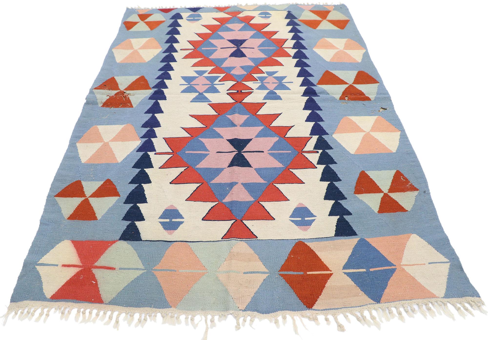 Hand-Woven Distressed Vintage Persian Shiraz Kilim Rug,  Boho Chic Meets Patriotic Flair For Sale