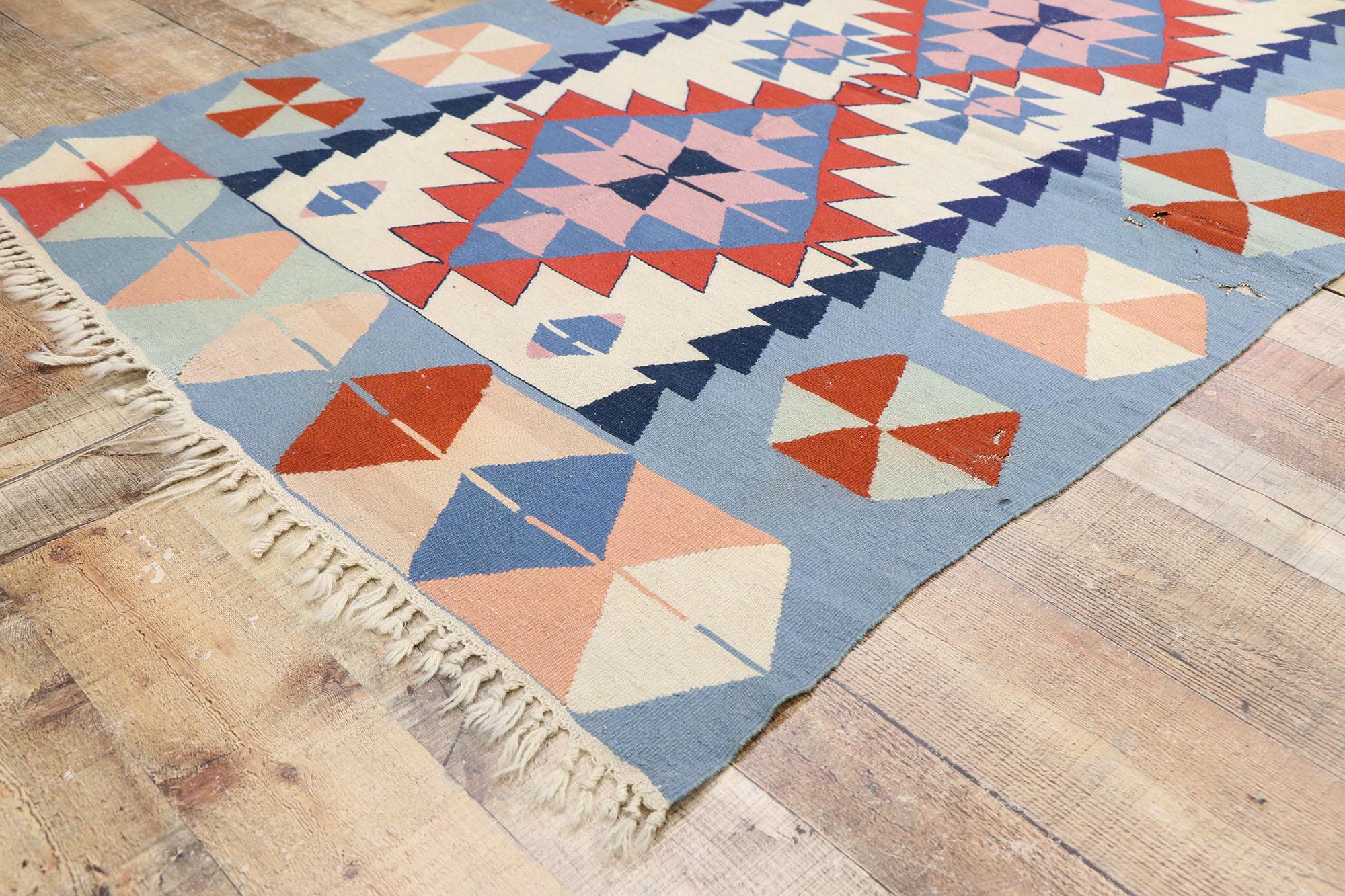 Wool Distressed Vintage Persian Shiraz Kilim Rug,  Boho Chic Meets Patriotic Flair For Sale