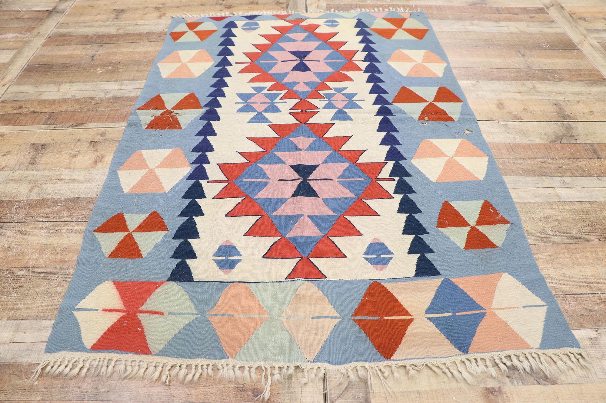 Distressed Vintage Persian Shiraz Kilim Rug,  Boho Chic Meets Patriotic Flair For Sale 1