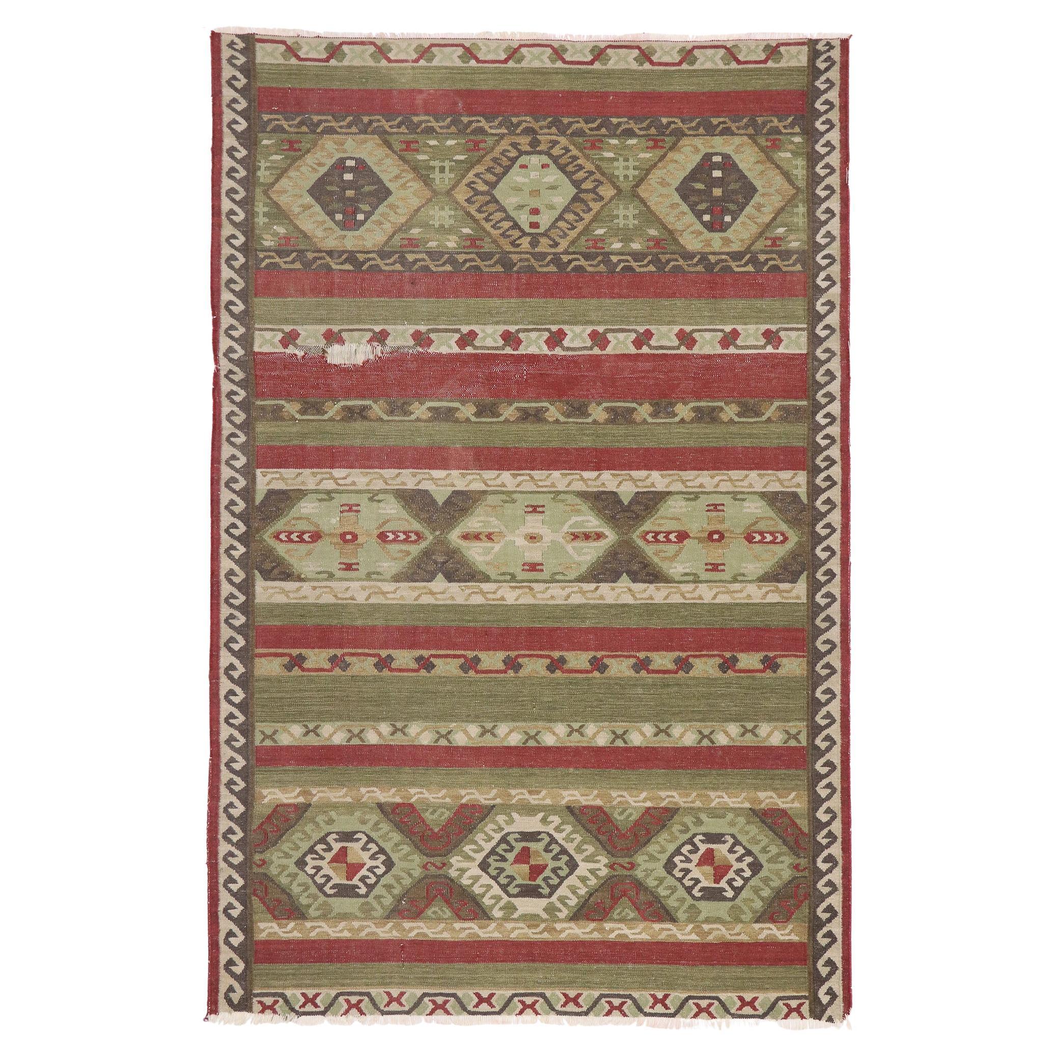 Distressed Vintage Persian Shiraz Kilim Rug with Tribal Style