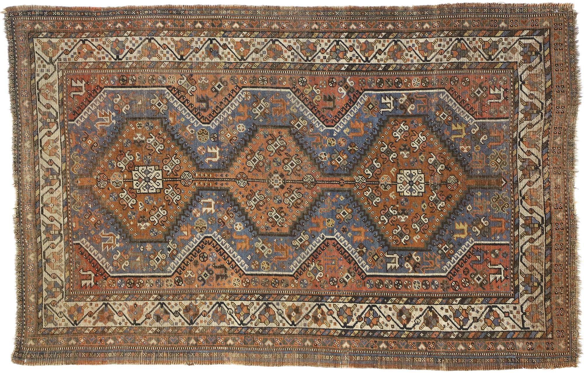 Distressed Vintage Persian Shiraz Tribal Rug For Sale 1