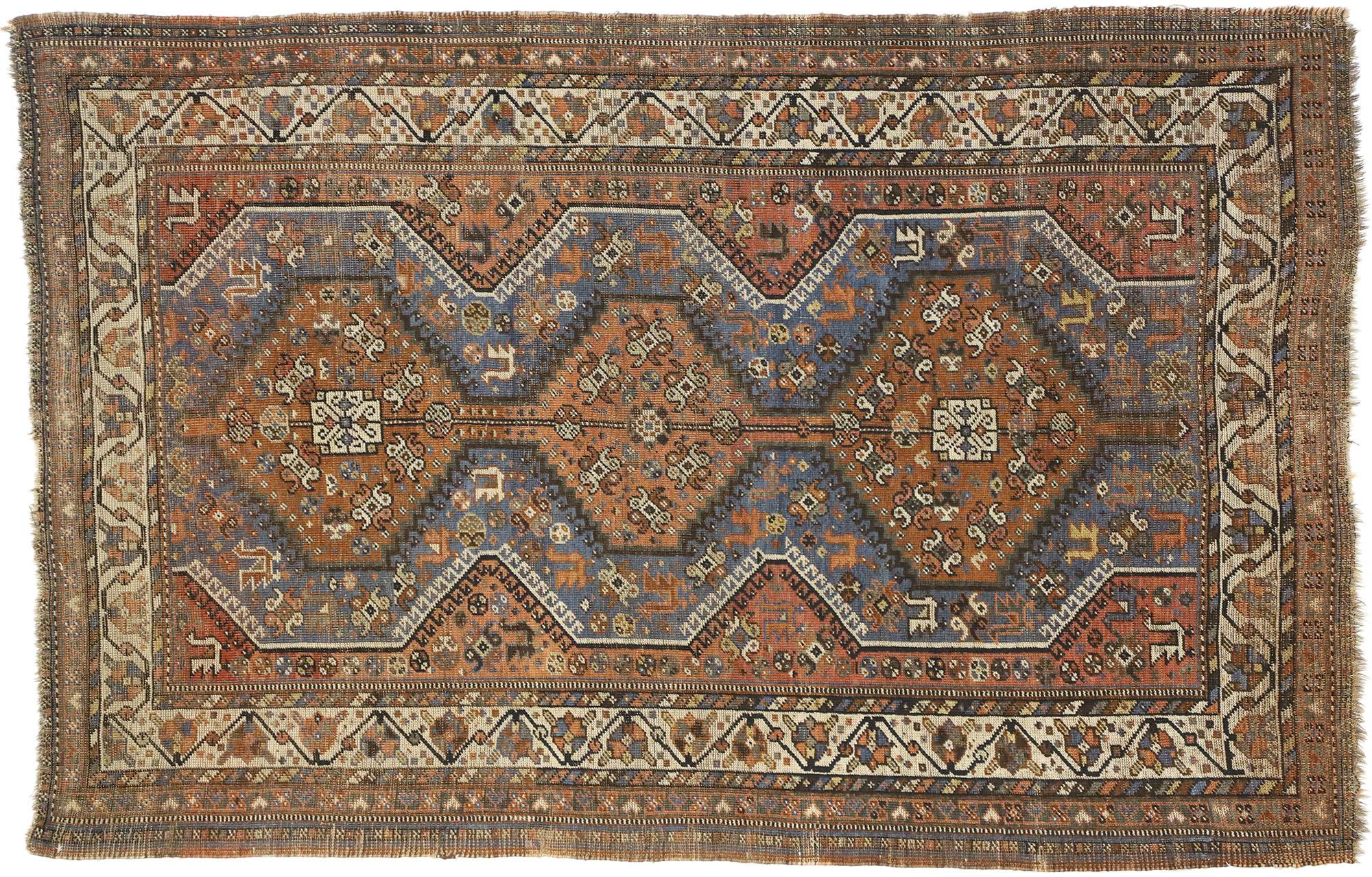 Wool 1920's Antique Persian Shiraz Carpet, 04'06 x 06'10 For Sale