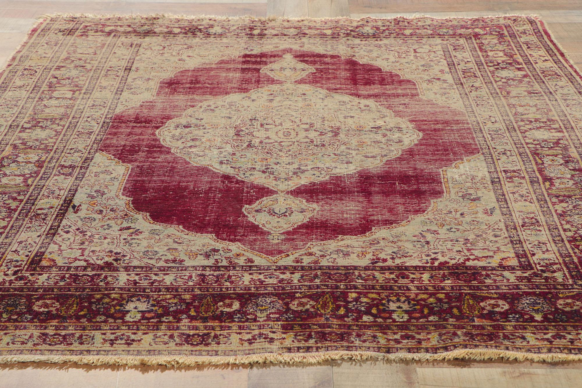 20th Century Distressed Vintage Persian Silk Tabriz Rug with Modern Industrial Style For Sale