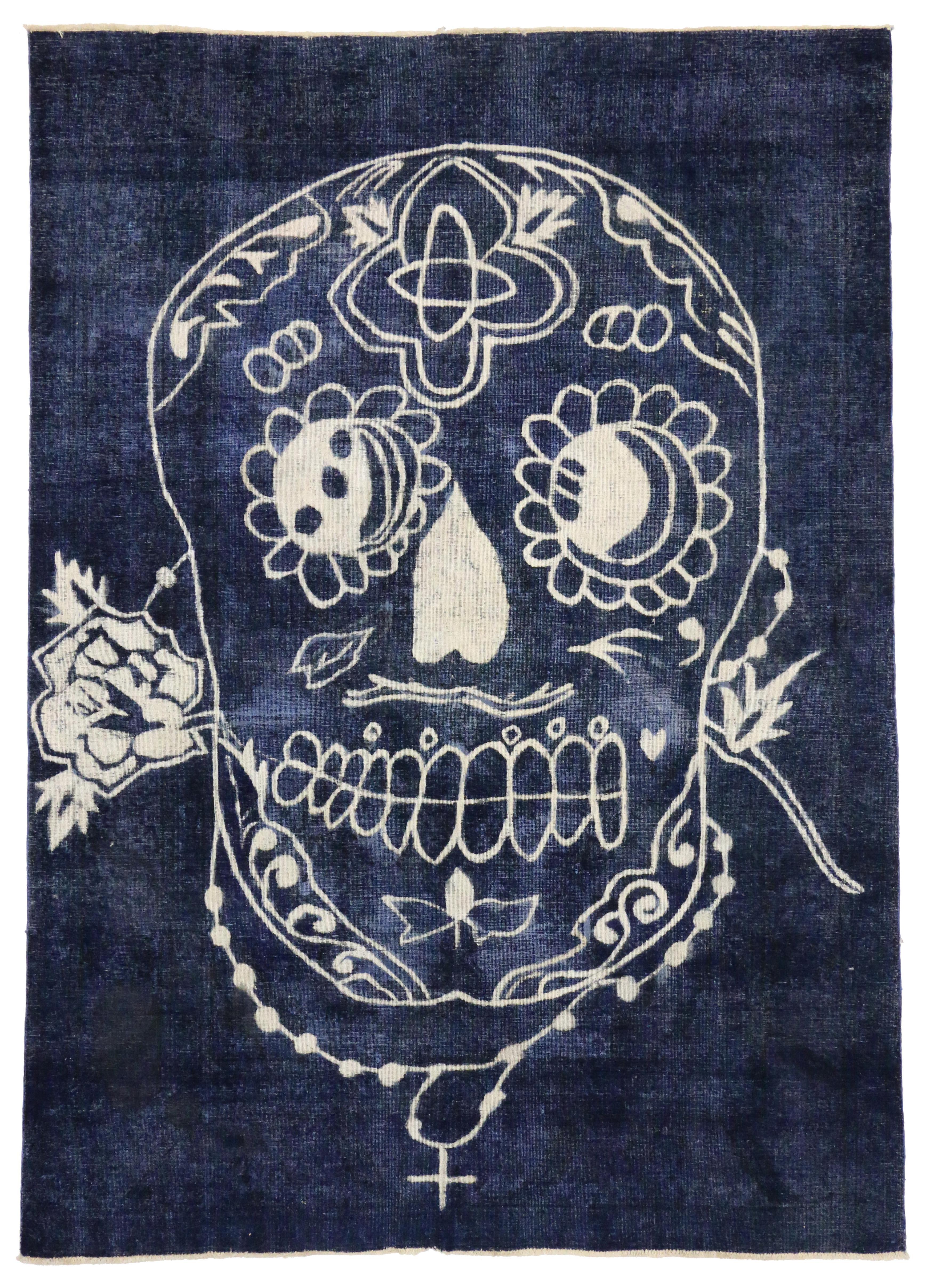 Persian Vintage Overdyed Blue Skull Rug Inspired by Alexander McQueen For Sale