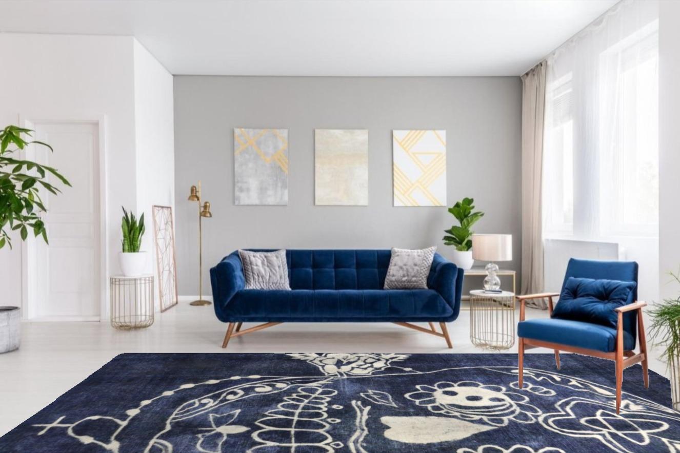 Lana Tappeto vintage con teschio blu sovratinto ispirato ad Alexander McQueen in vendita