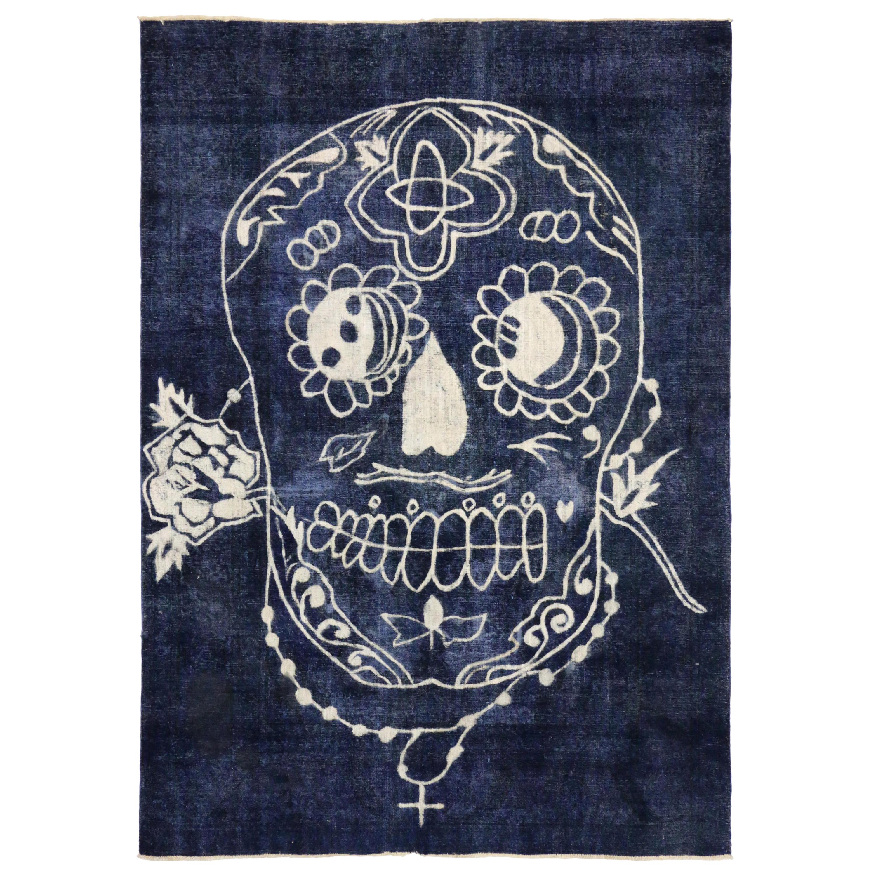 Vintage Overdyed Blue Skull Rug Inspired by Alexander McQueen For Sale
