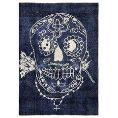 Vintage Overdyed Blue Skull Rug Inspired by Alexander McQueen