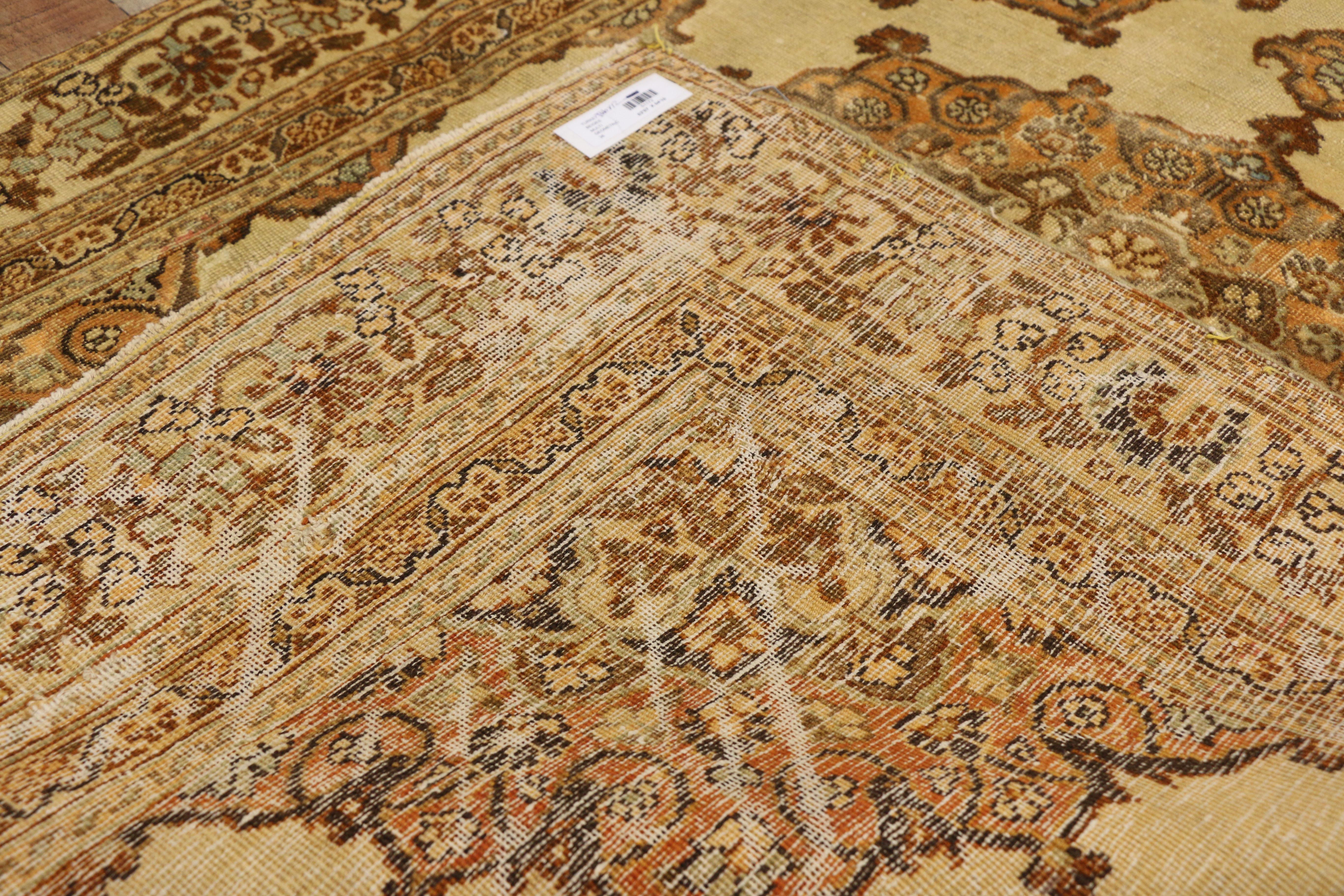 Hand-Knotted Distressed Vintage Persian Tabriz Accent Rug with Rustic Tuscan Style For Sale