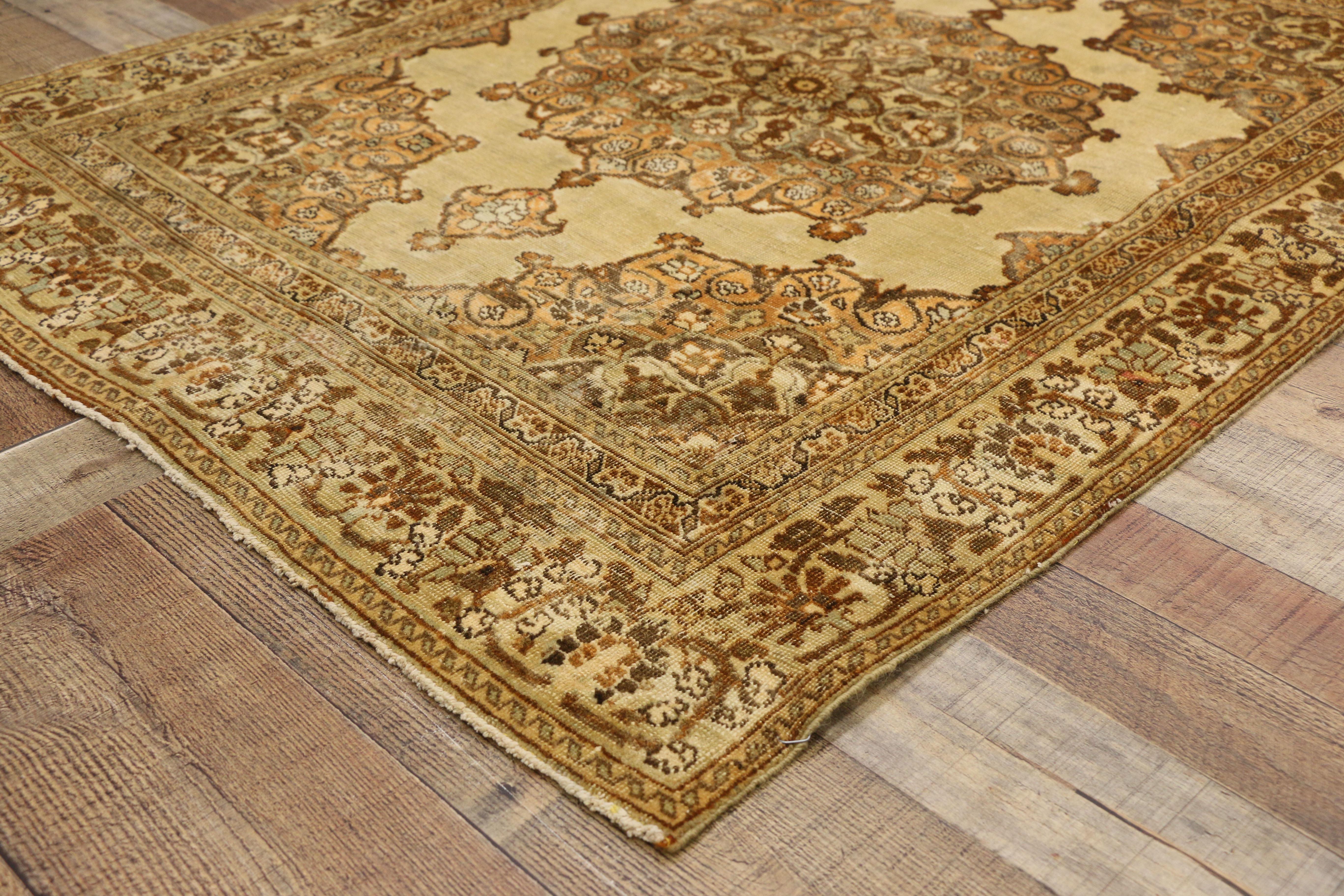 Distressed Vintage Persian Tabriz Accent Rug with Rustic Tuscan Style In Distressed Condition For Sale In Dallas, TX
