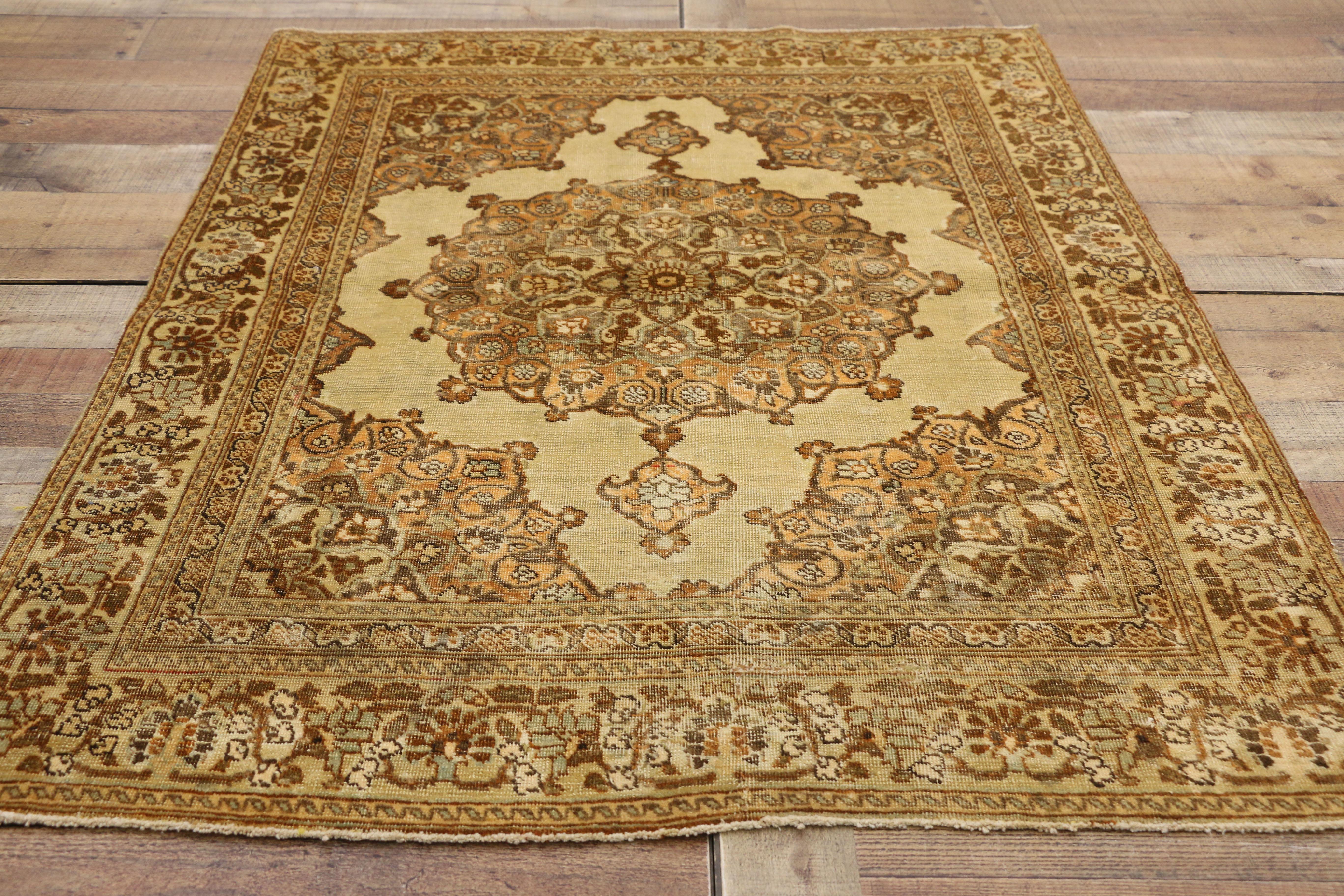 20th Century Distressed Vintage Persian Tabriz Accent Rug with Rustic Tuscan Style For Sale