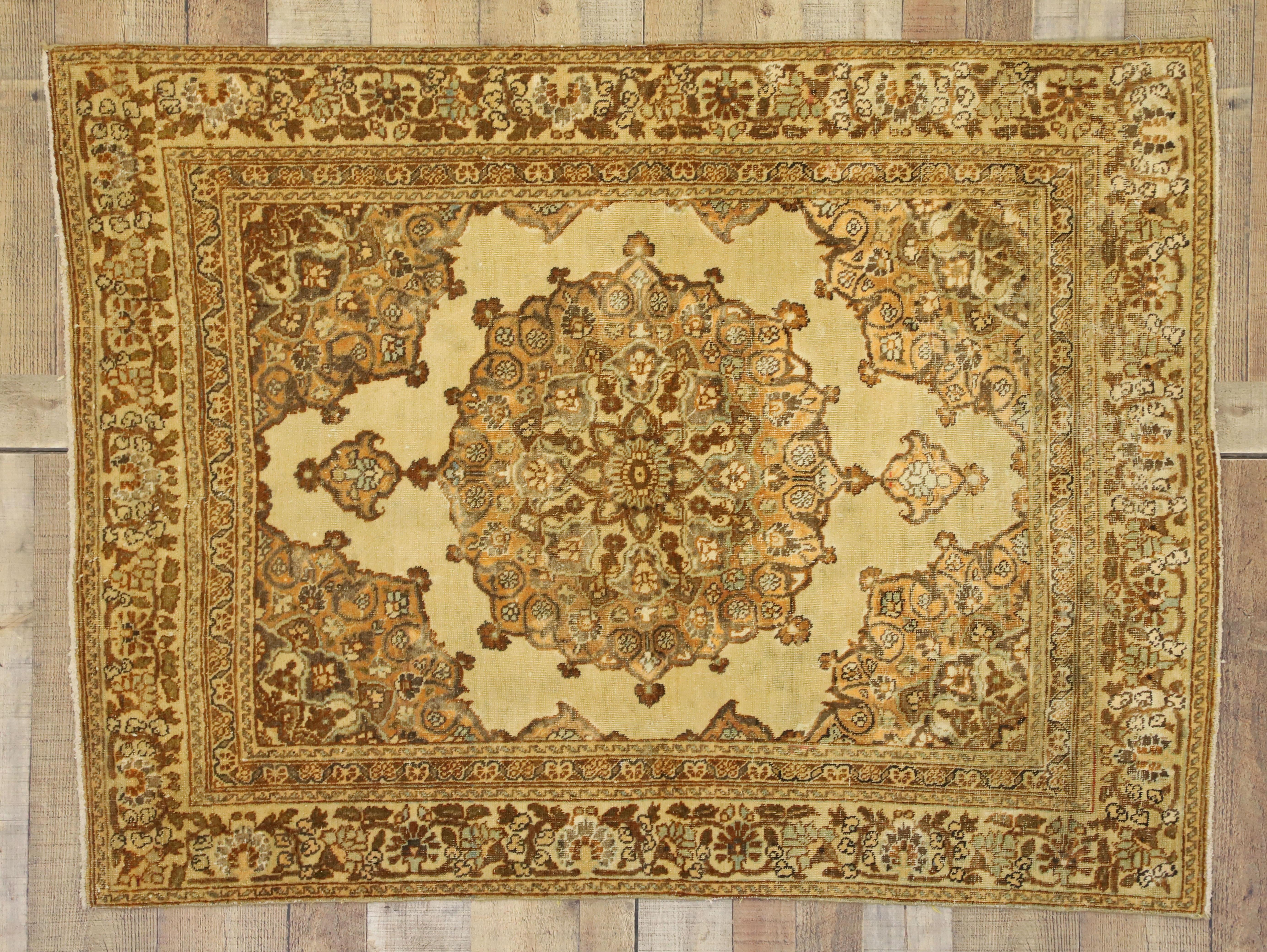 Wool Distressed Vintage Persian Tabriz Accent Rug with Rustic Tuscan Style For Sale