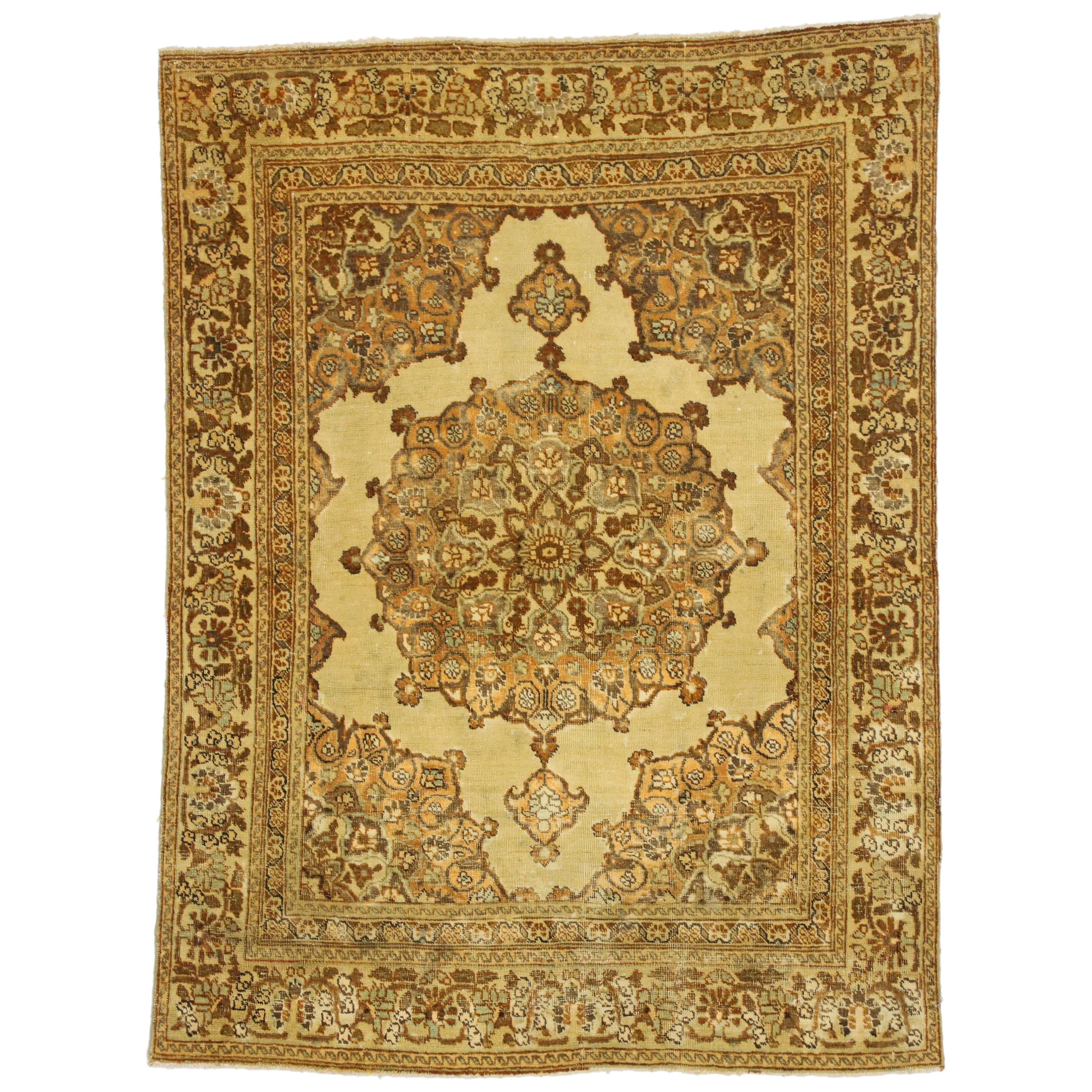 Distressed Vintage Persian Tabriz Accent Rug with Rustic Tuscan Style
