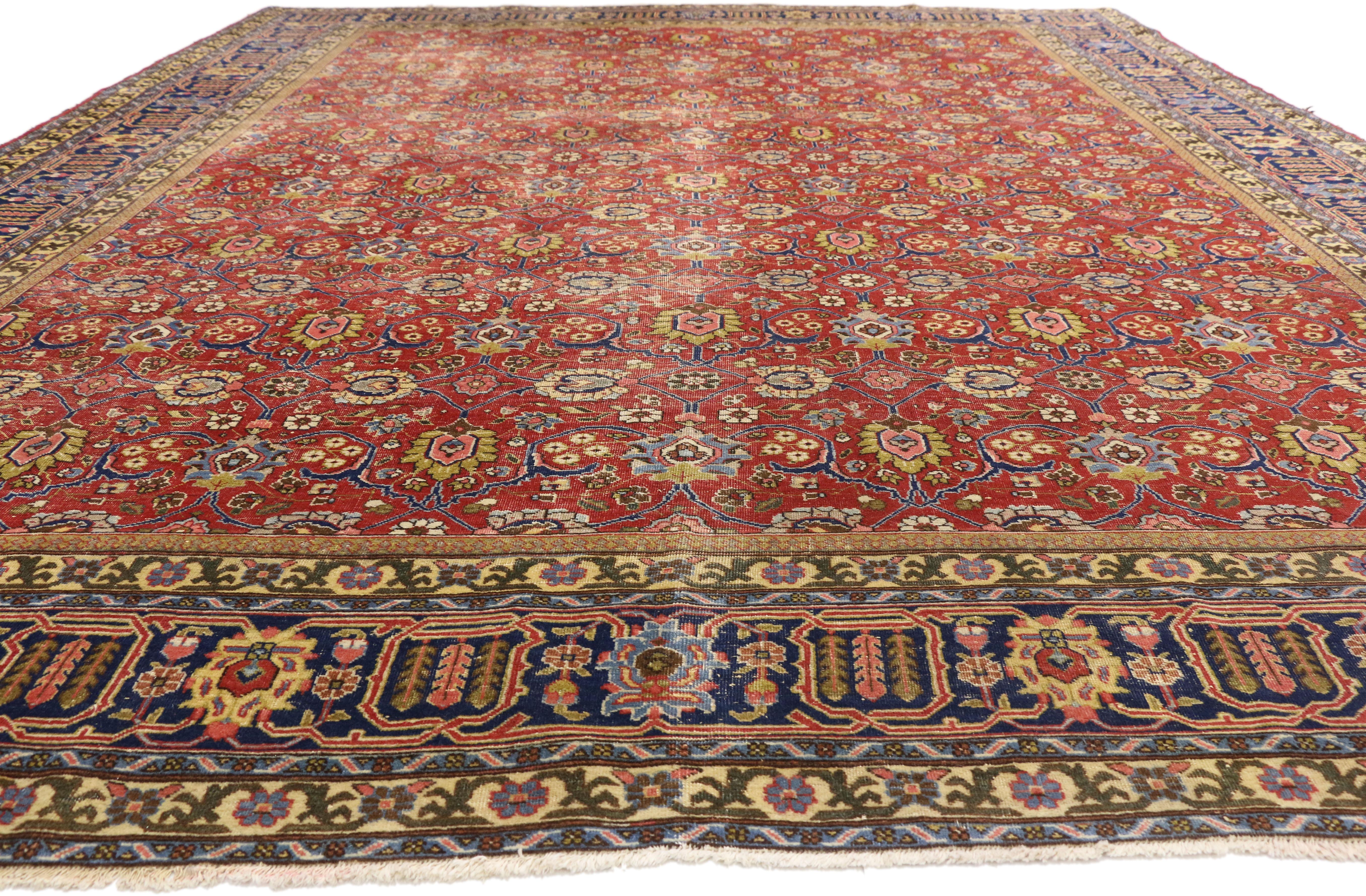 Hand-Knotted Distressed Vintage Persian Tabriz Area Rug with Relaxed Federal Style For Sale