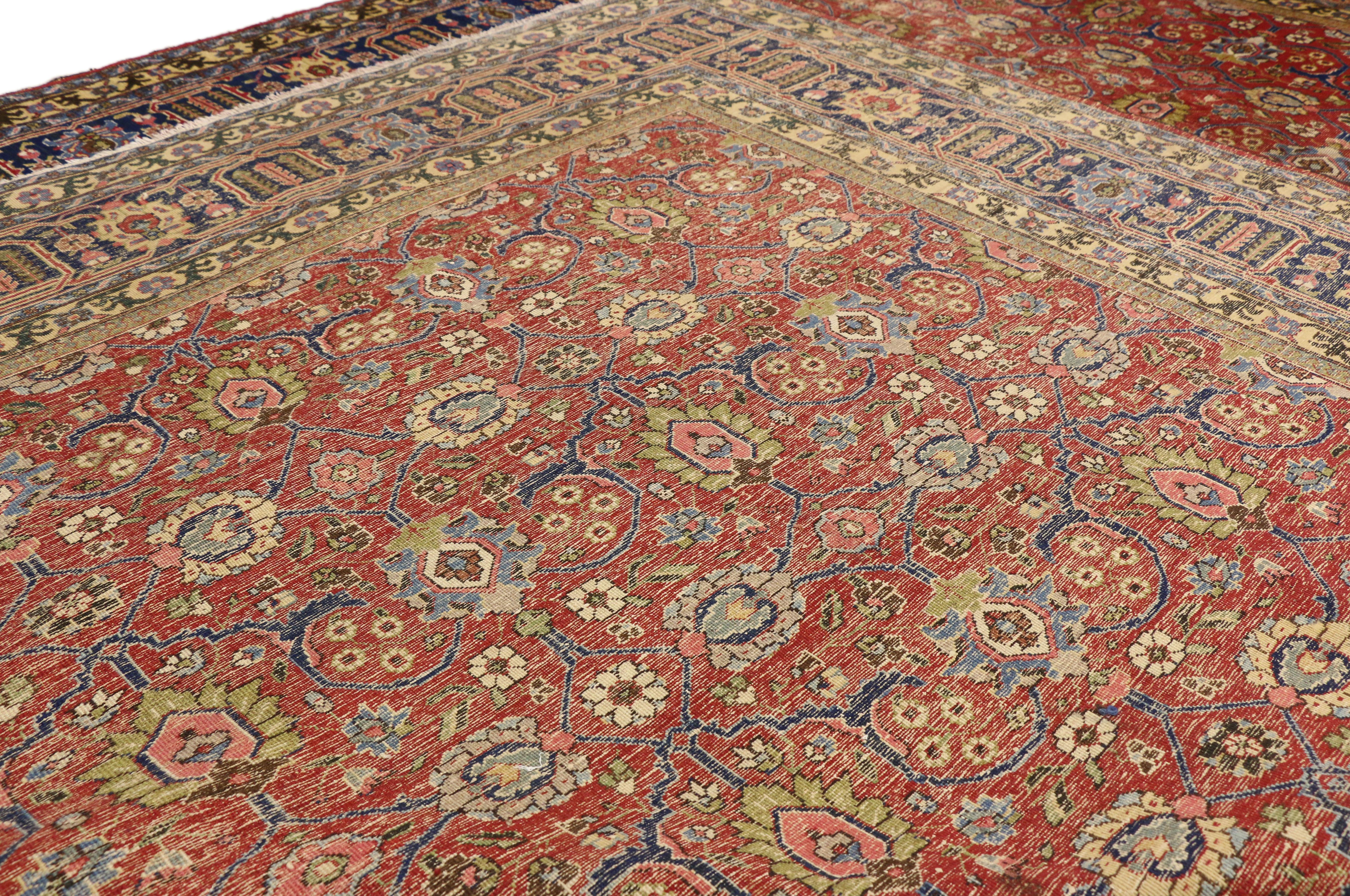 Distressed Vintage Persian Tabriz Area Rug with Relaxed Federal Style In Distressed Condition For Sale In Dallas, TX