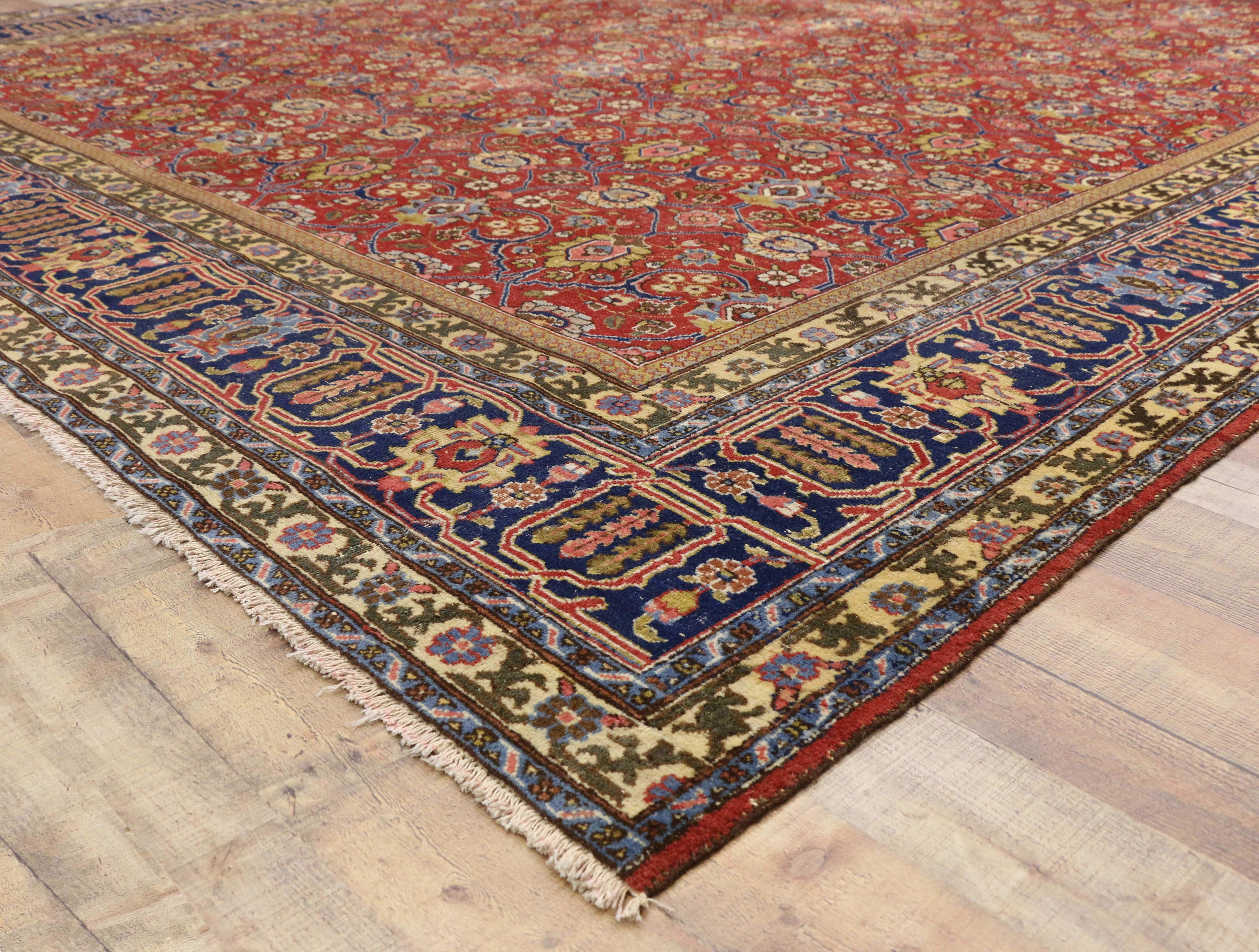 Wool Distressed Vintage Persian Tabriz Area Rug with Relaxed Federal Style For Sale