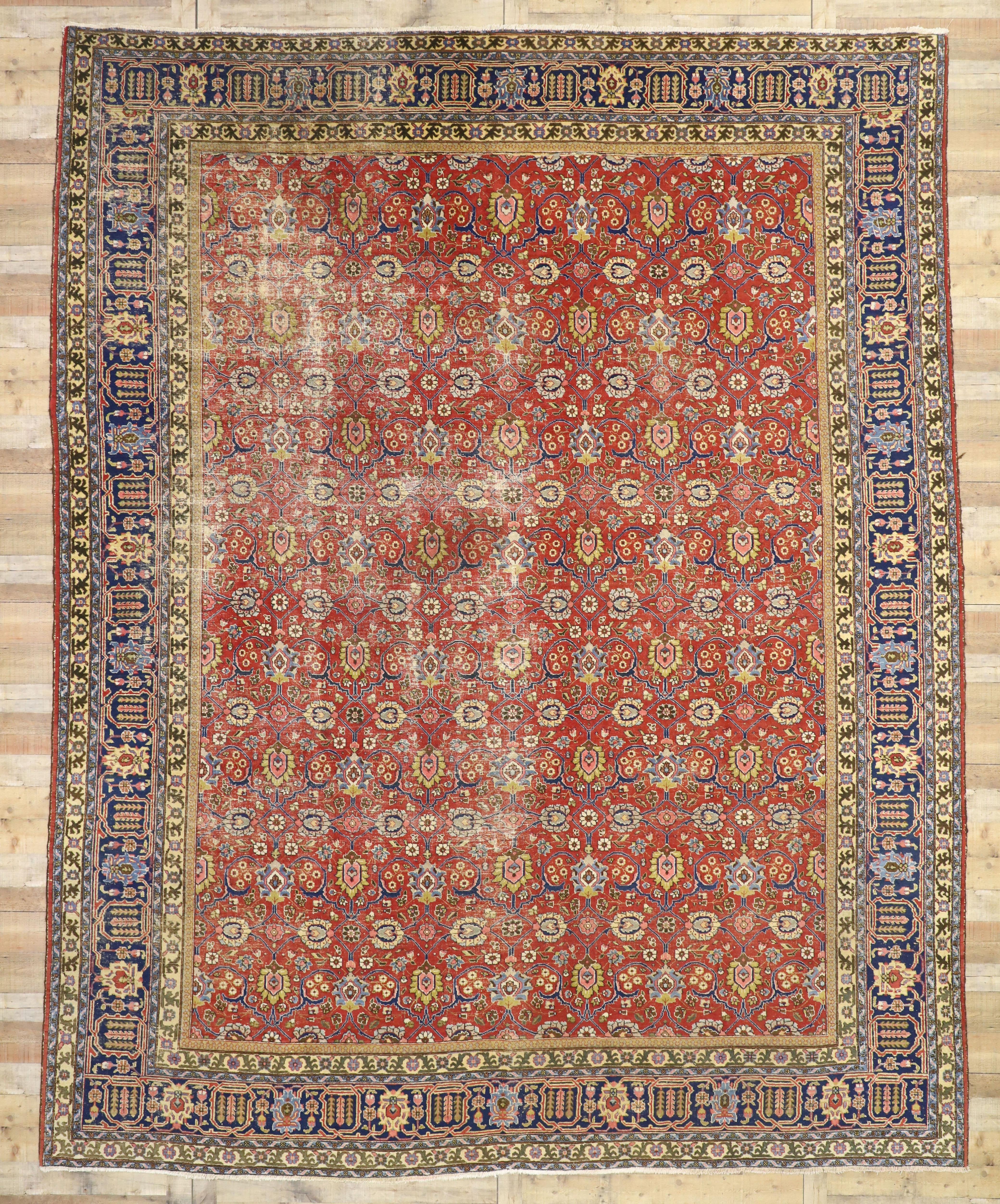 Distressed Vintage Persian Tabriz Area Rug with Relaxed Federal Style For Sale 1