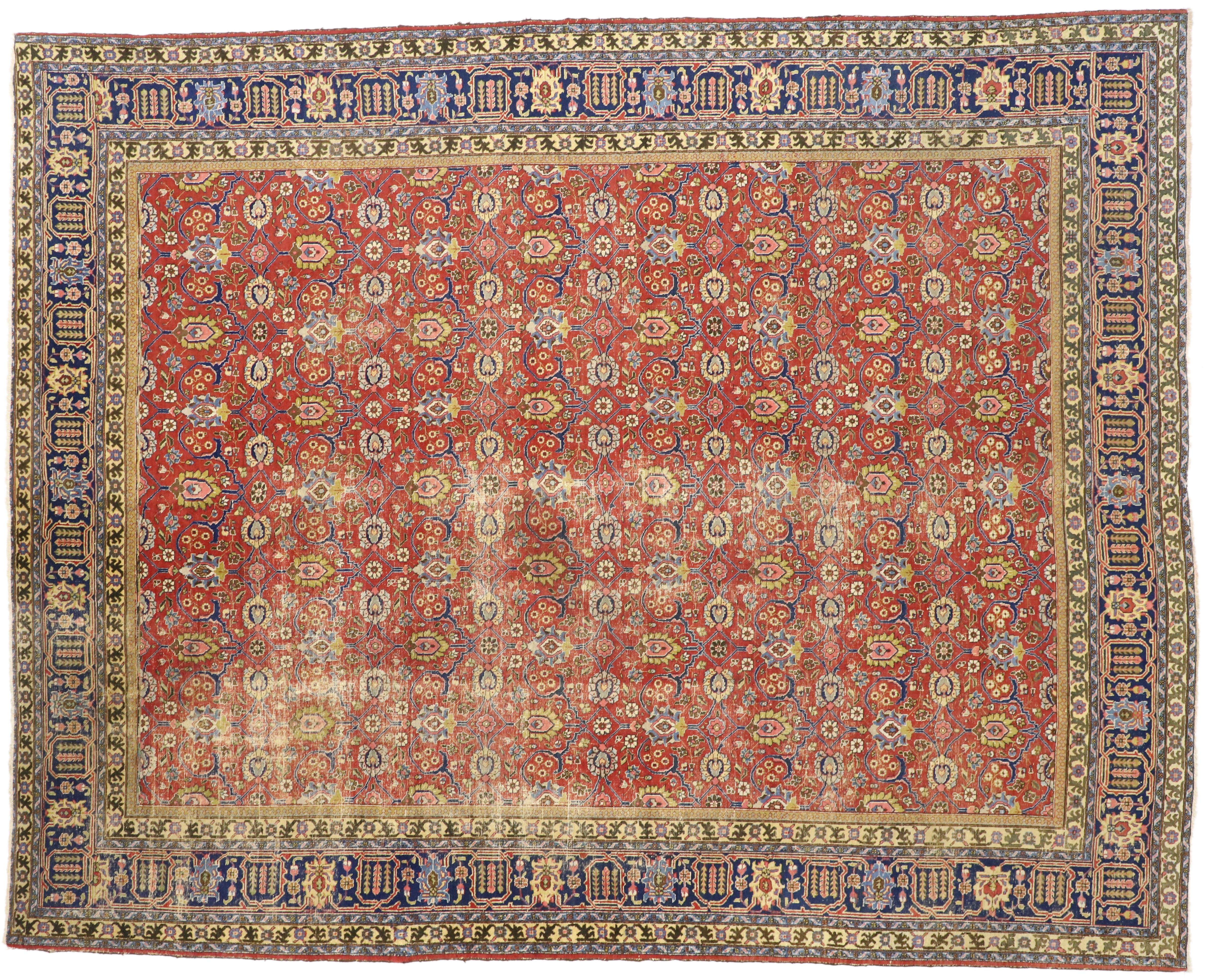 Distressed Vintage Persian Tabriz Area Rug with Relaxed Federal Style For Sale 2